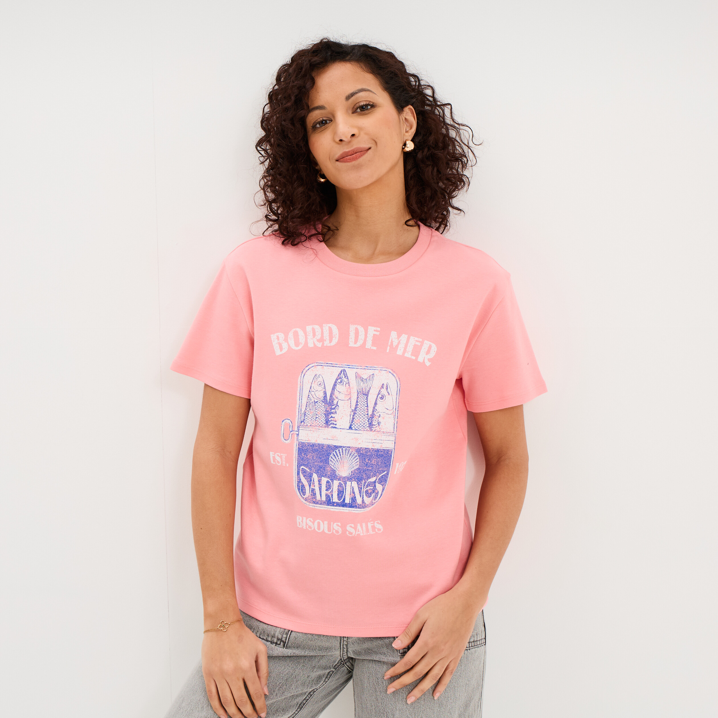 T-shirt col rond manches courtes coton rose femme