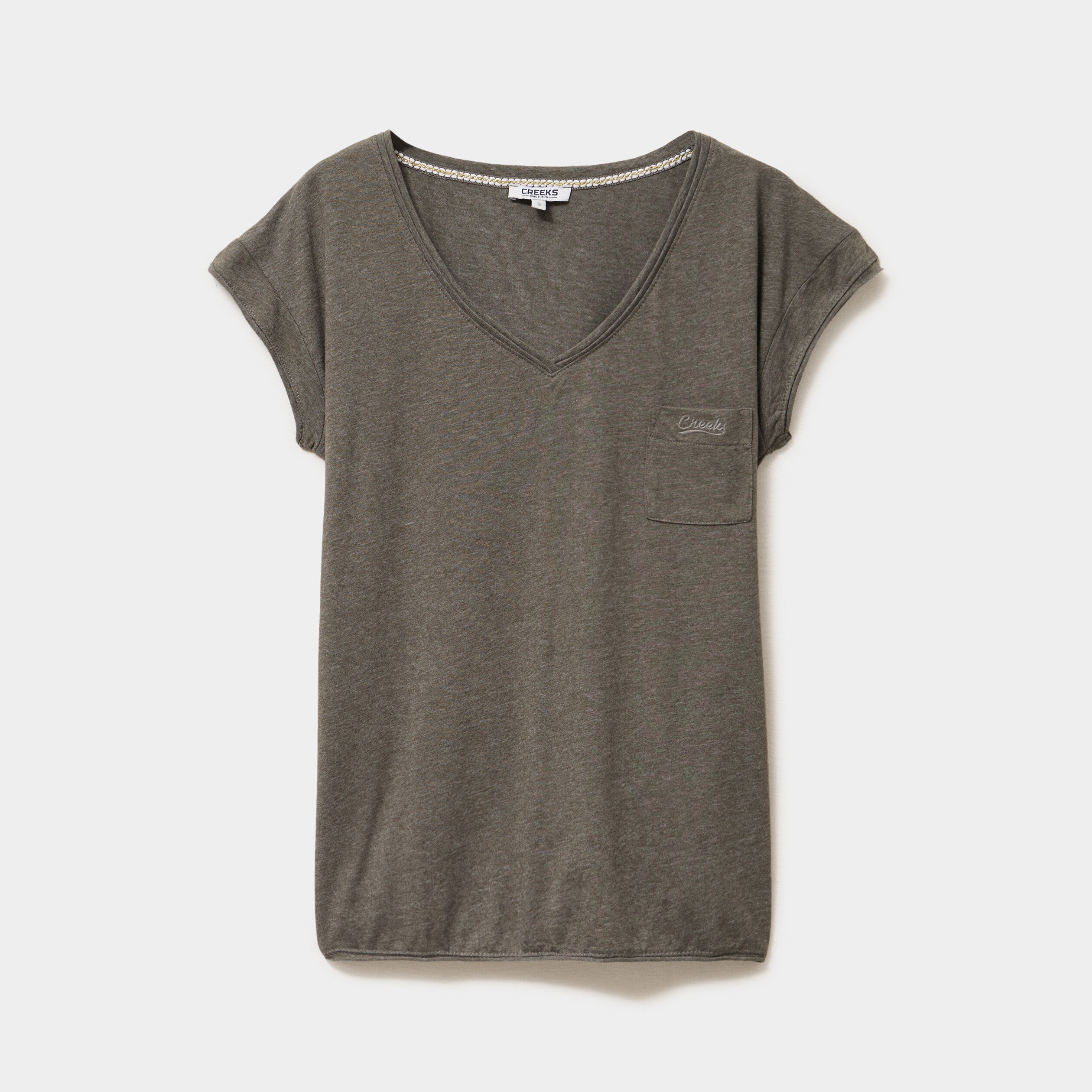 T-shirt col v poche poitrine vert kaki femme