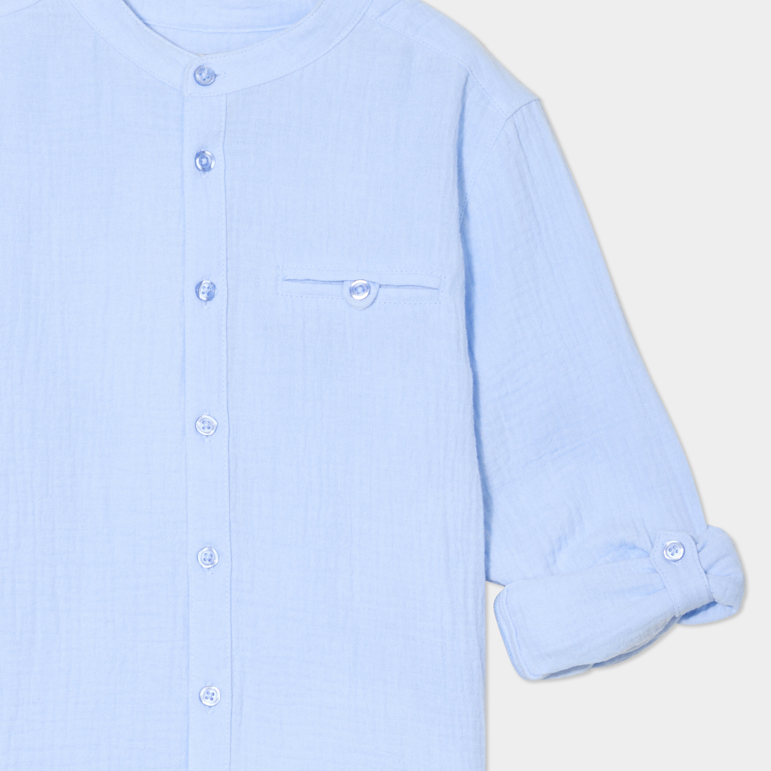 chemise gaze coton manches retroussables bleu ciel garcon Chemise gaze coton manches retroussables bleu ciel garçon