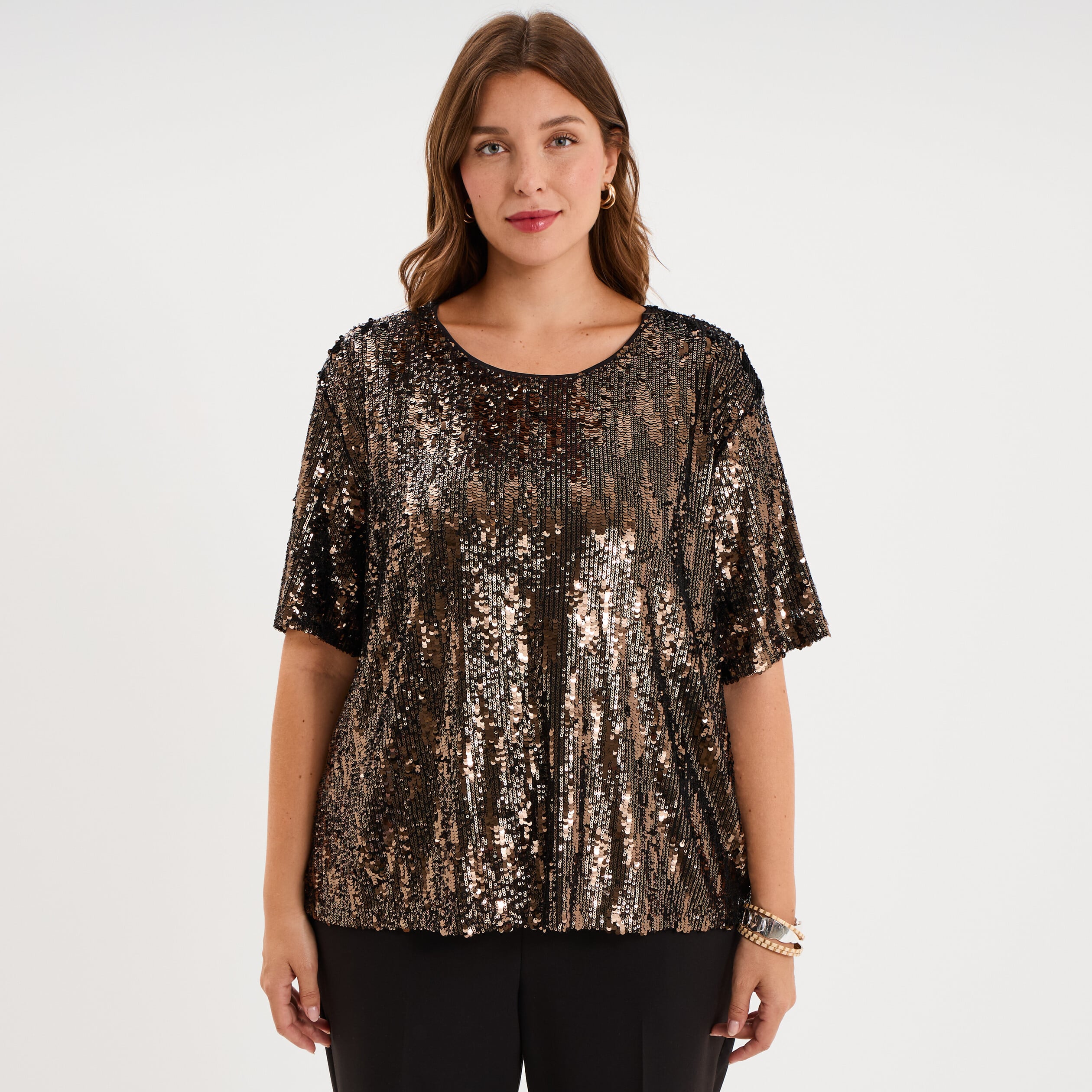 T-shirt sequins manches courtes loose couleur cuivre femme grande taille