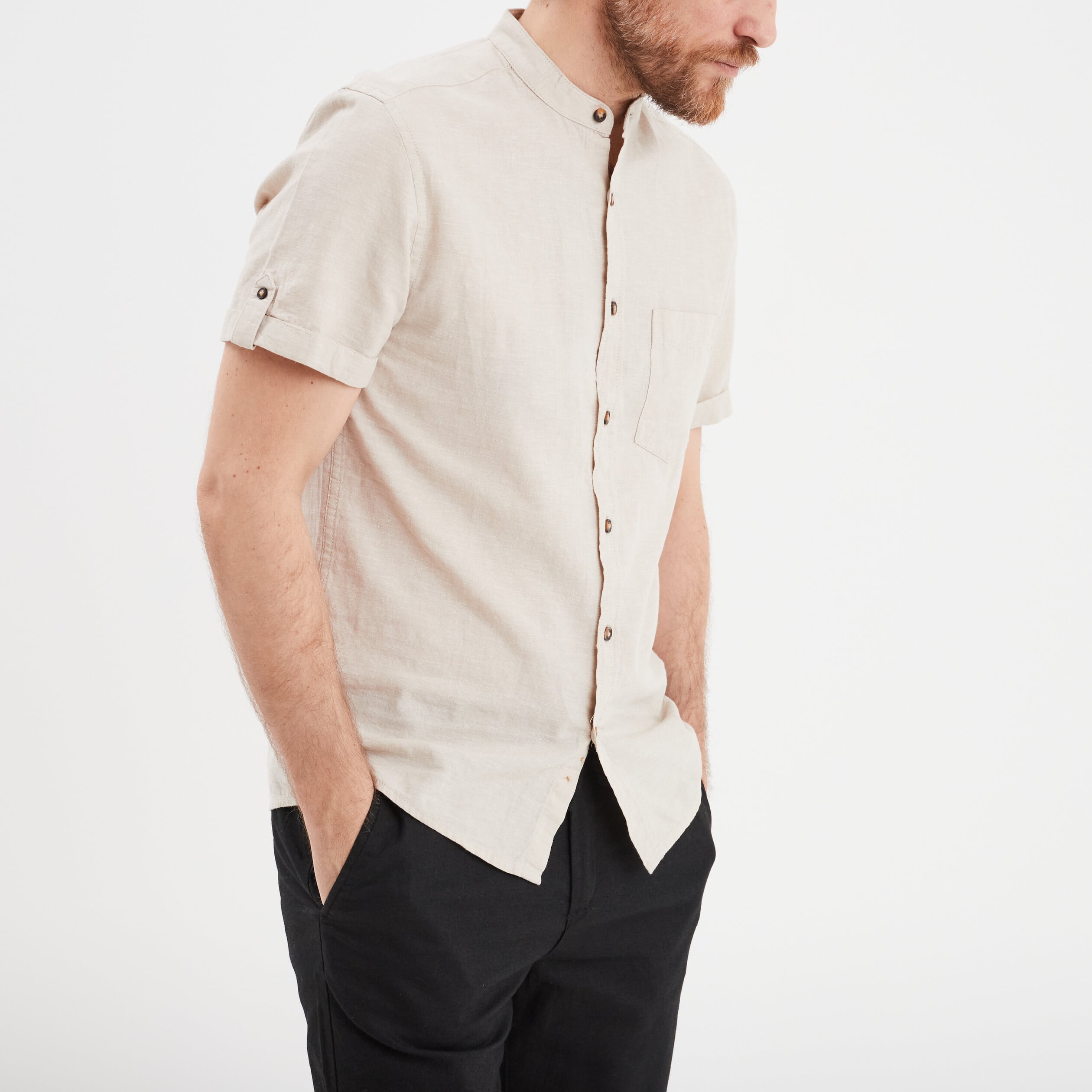 Chemise col mao lin m&eacute;lang&eacute; gris clair homme