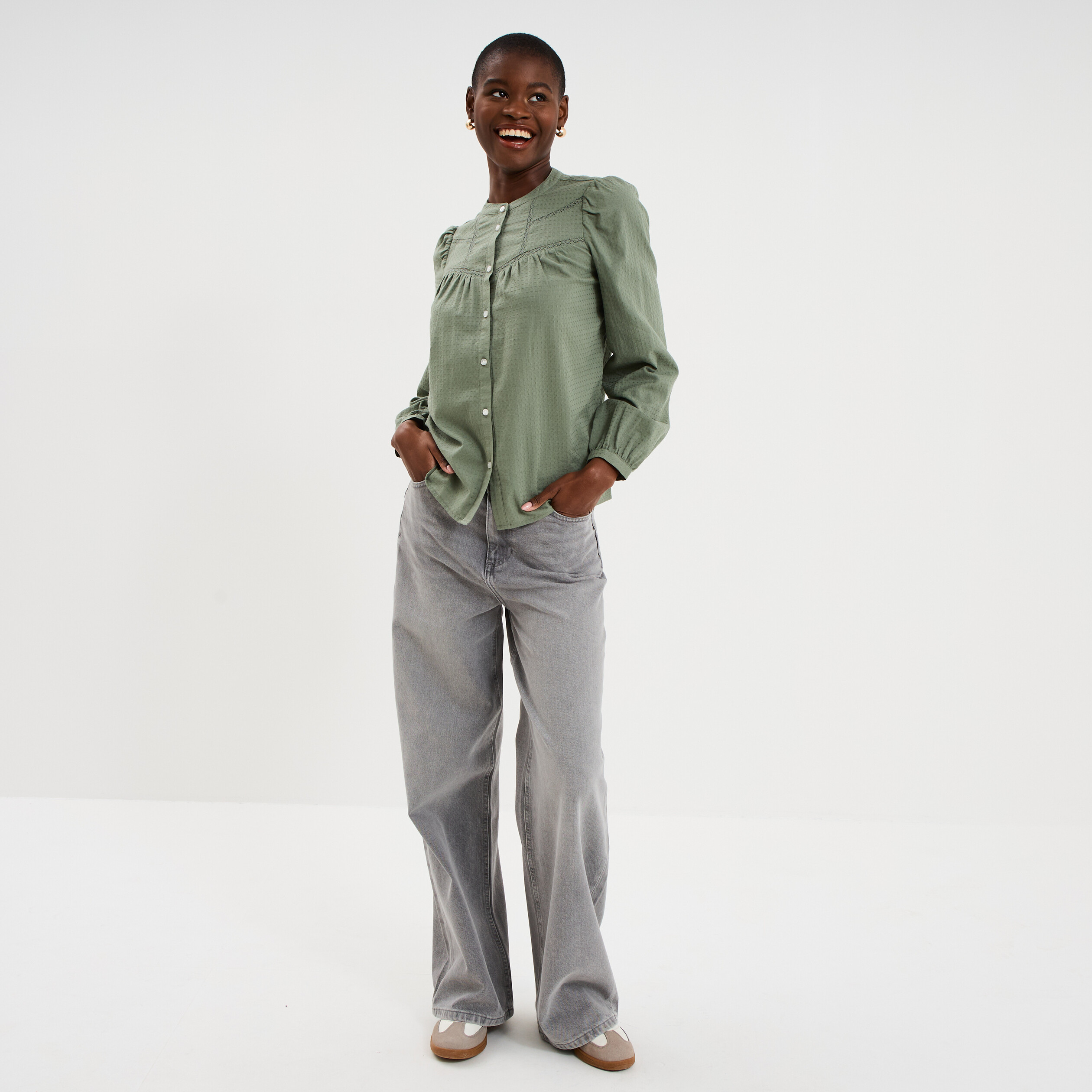 Blouse droite manches longues coton vert kaki femme