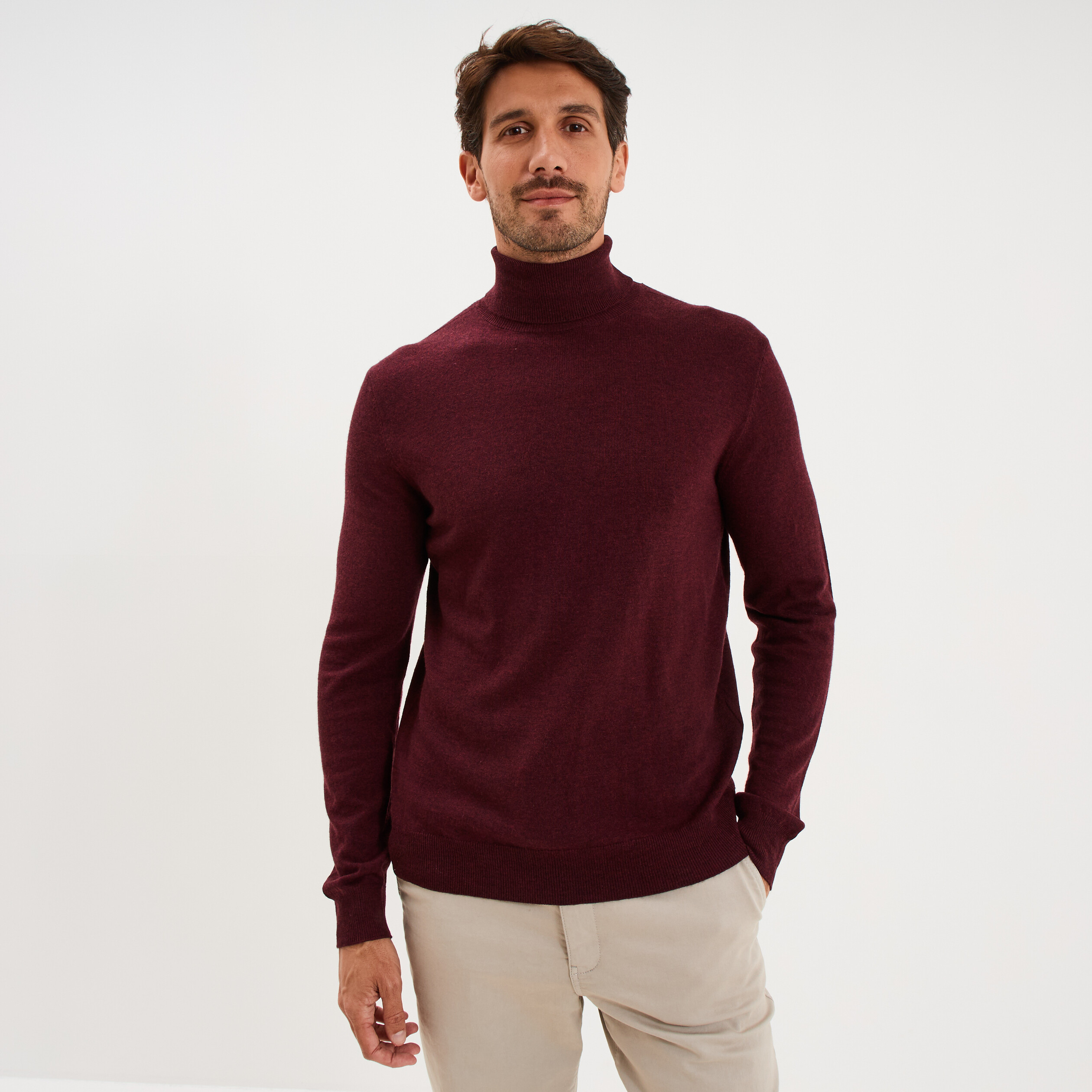 Pull col roul&eacute; manches longues violet fonc&eacute; homme