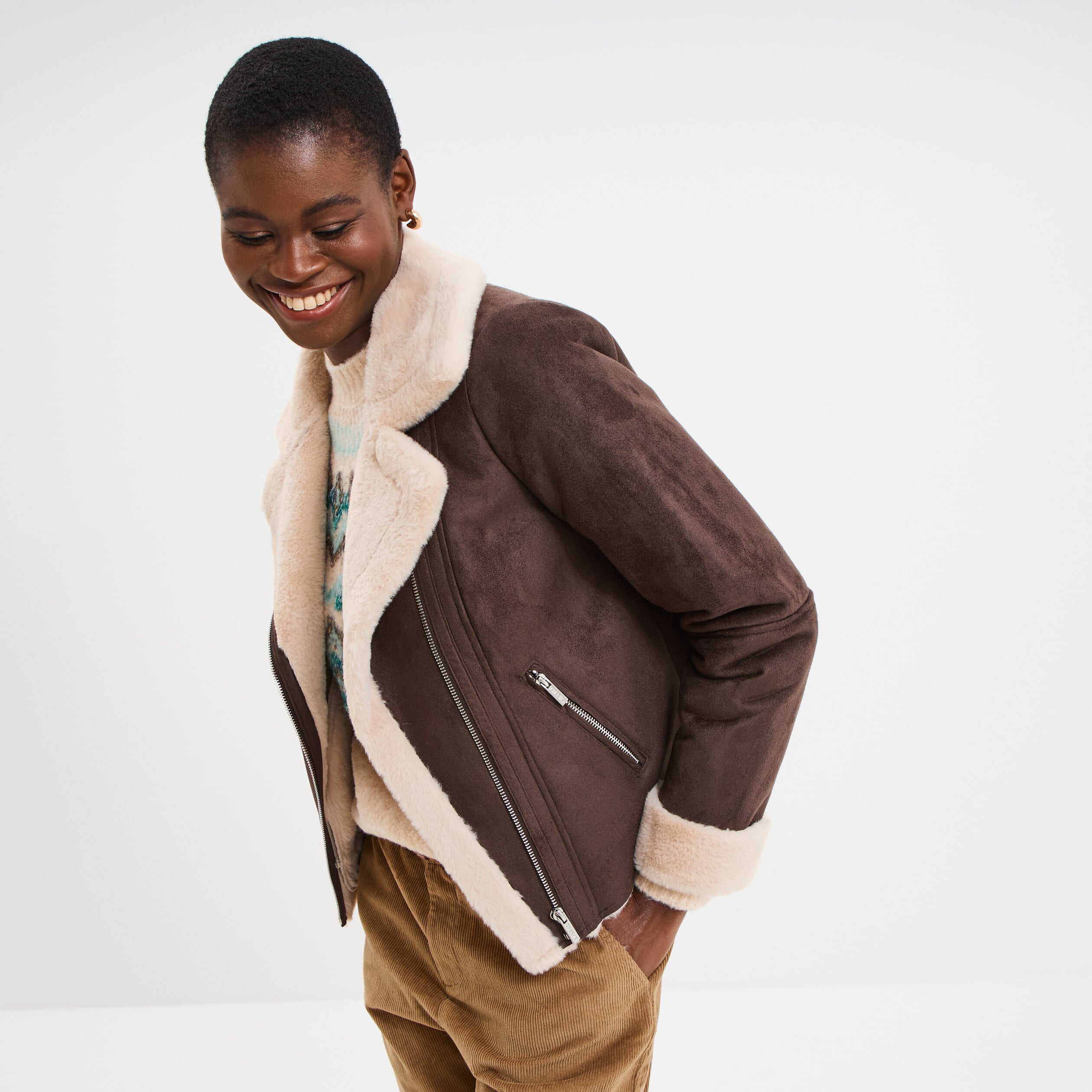 Veste col aviateur zipp&eacute;e doubl&eacute;e marron fonc&eacute; femme