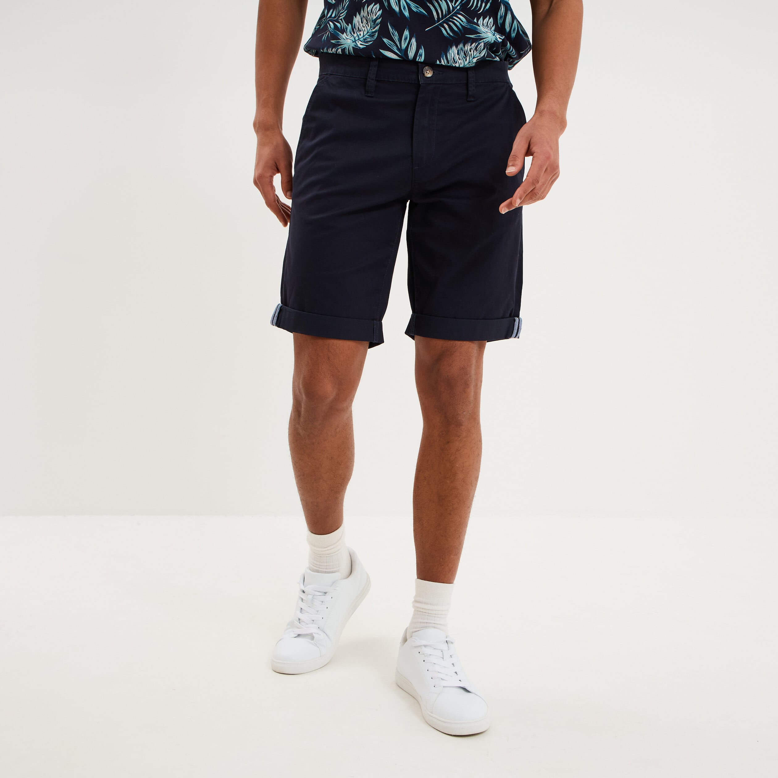 Bermuda short chino straight stretch bleu fonc&eacute; homme