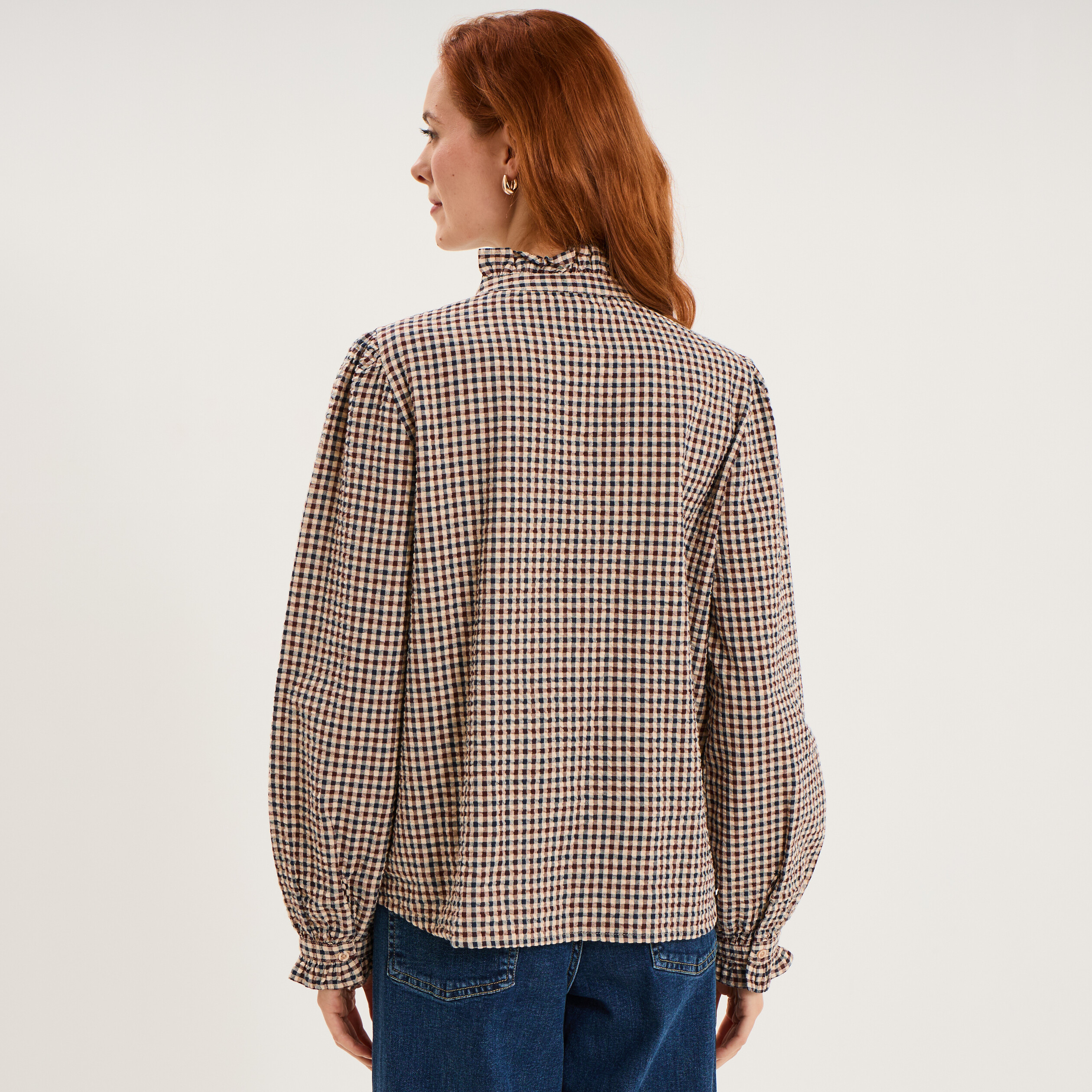 Chemise &agrave; volants manches longues bordeaux femme
