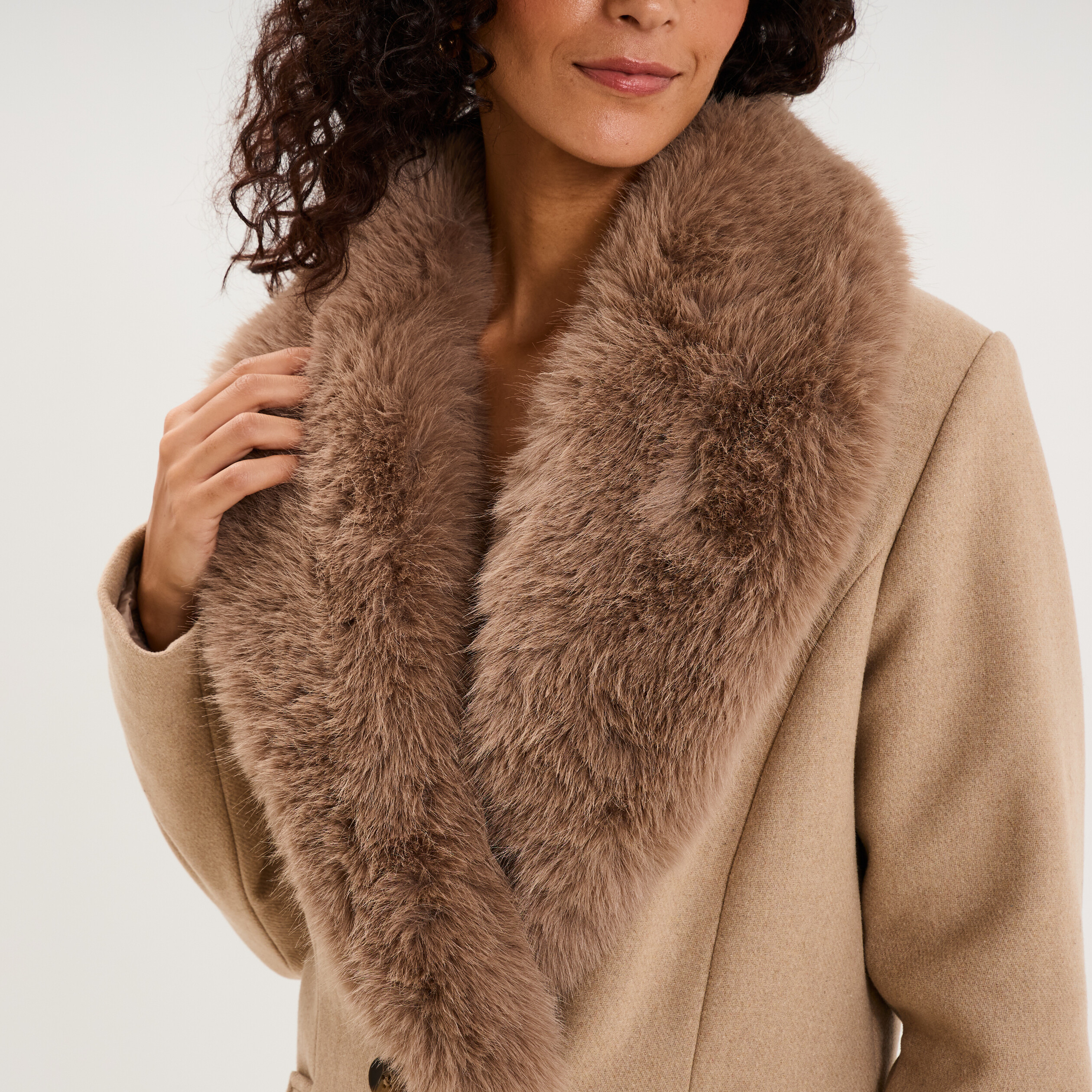 Manteau col fausse fourrure amovible taupe femme
