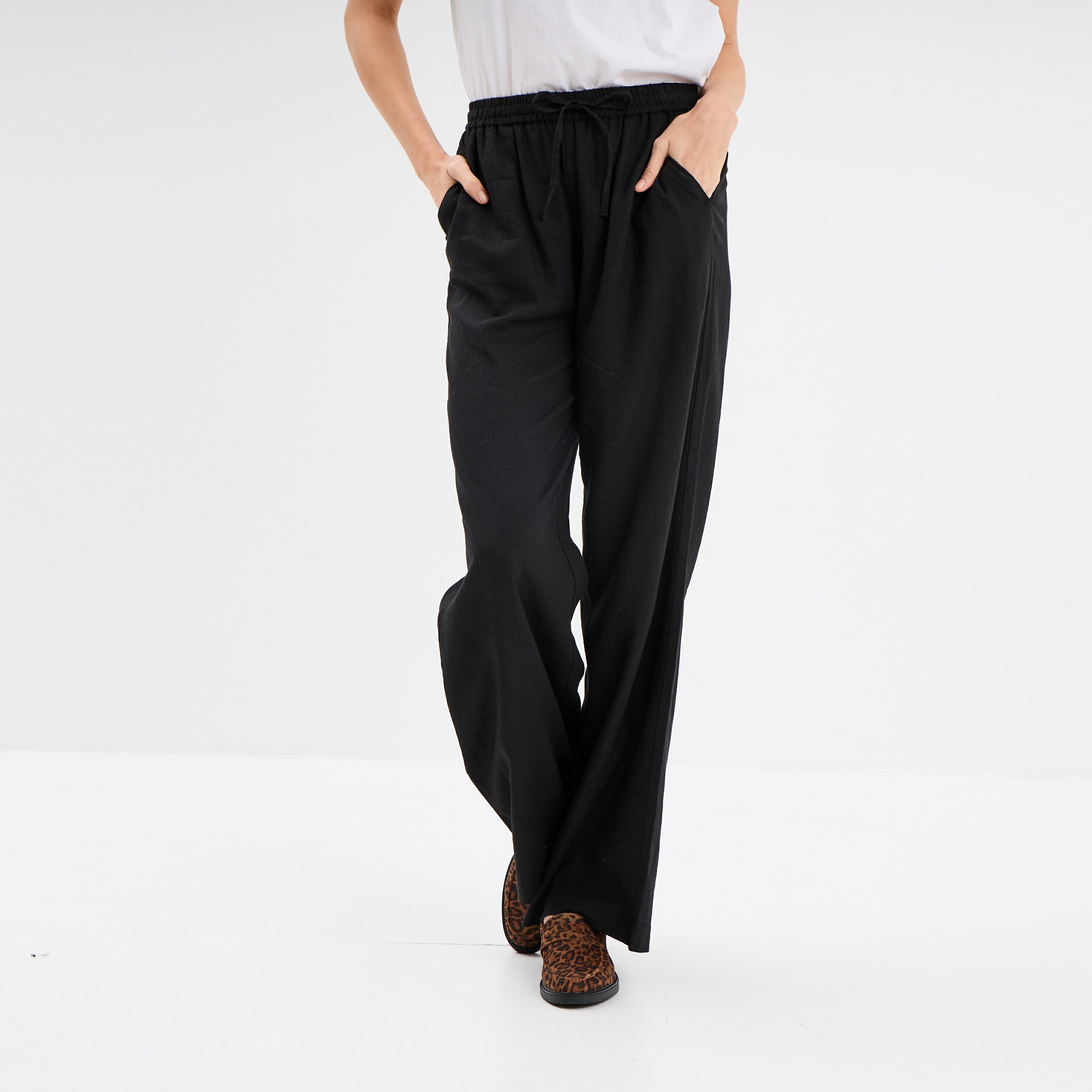 pantalon large lin melange noir femme Pantalon large lin mélangé noir femme