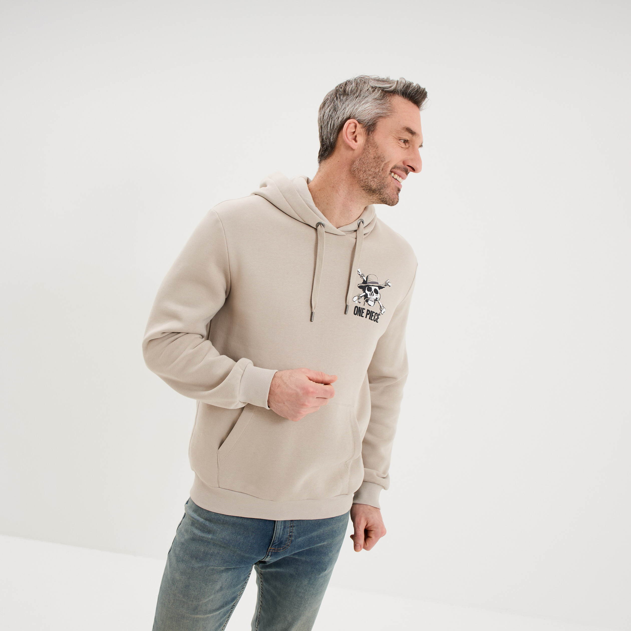 Sweat hoodie molleton 1 poche One Piece gris clair homme