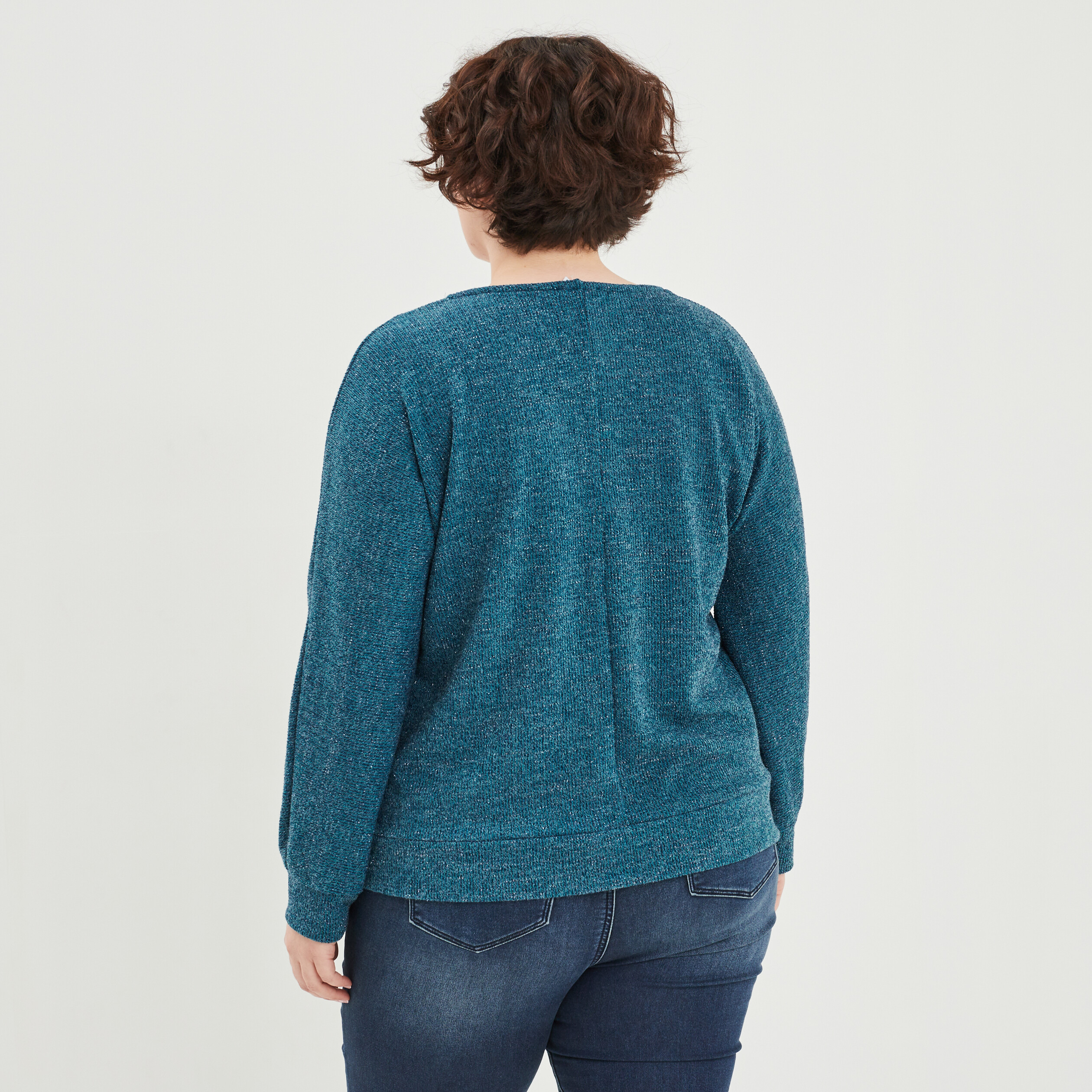 pull col en v detail zippe bleu canard femmegt Pull col en V détail zippé bleu canard femme grande taille