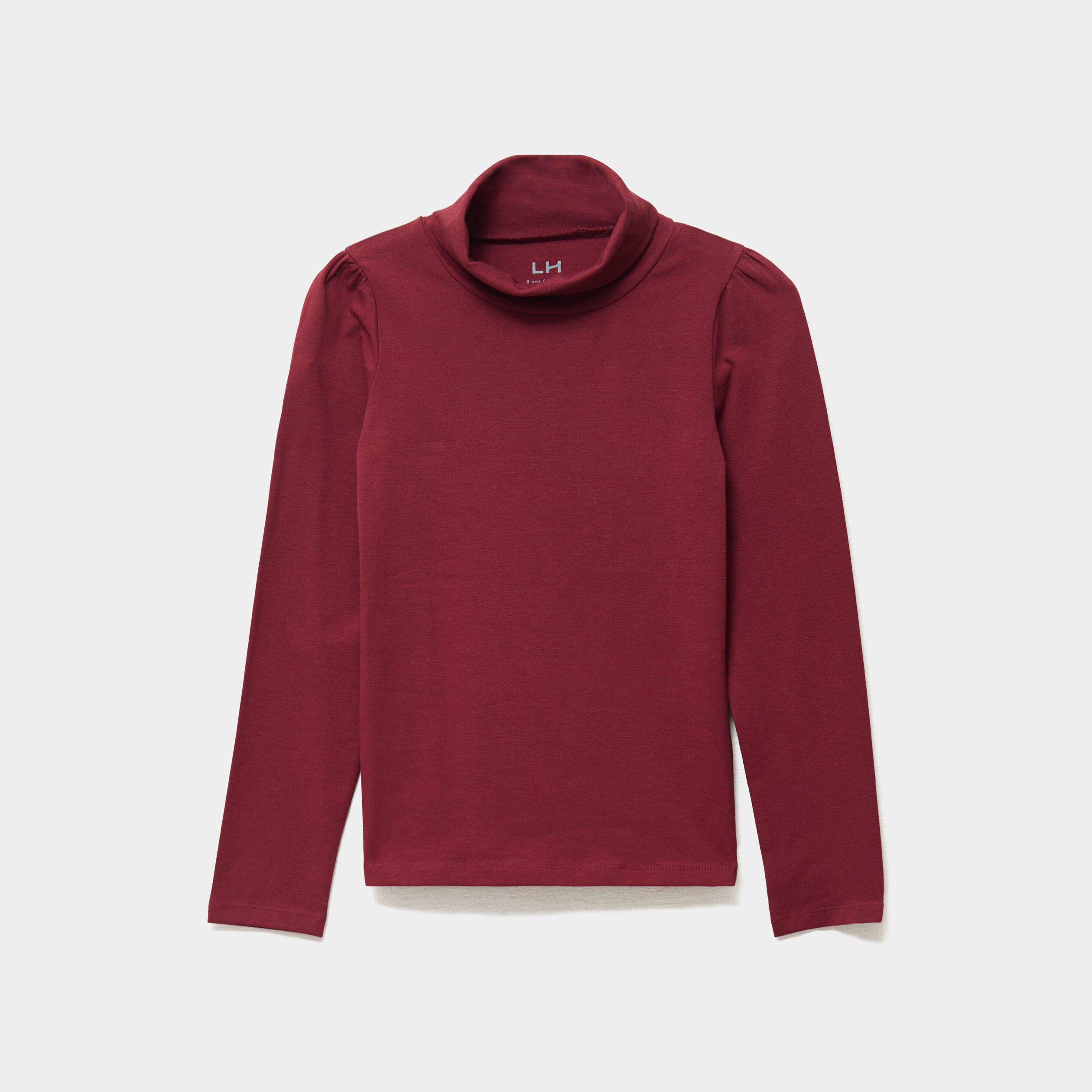 T-shirt col roul&eacute; manches longues coton bordeaux fille