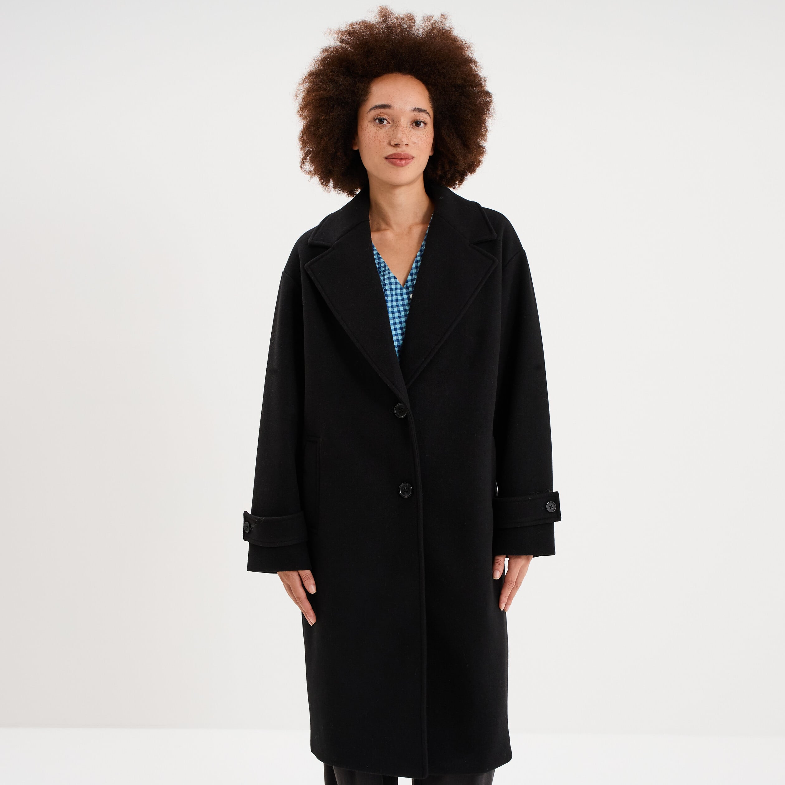 Manteau long oversize col tailleur noir femme