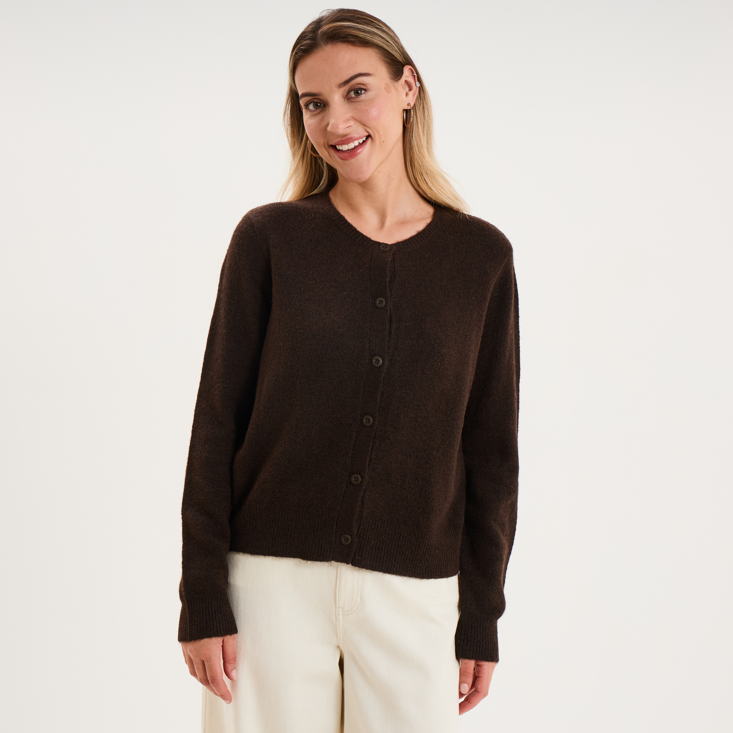Gilet col rond manches longues marron fonc&eacute; femme