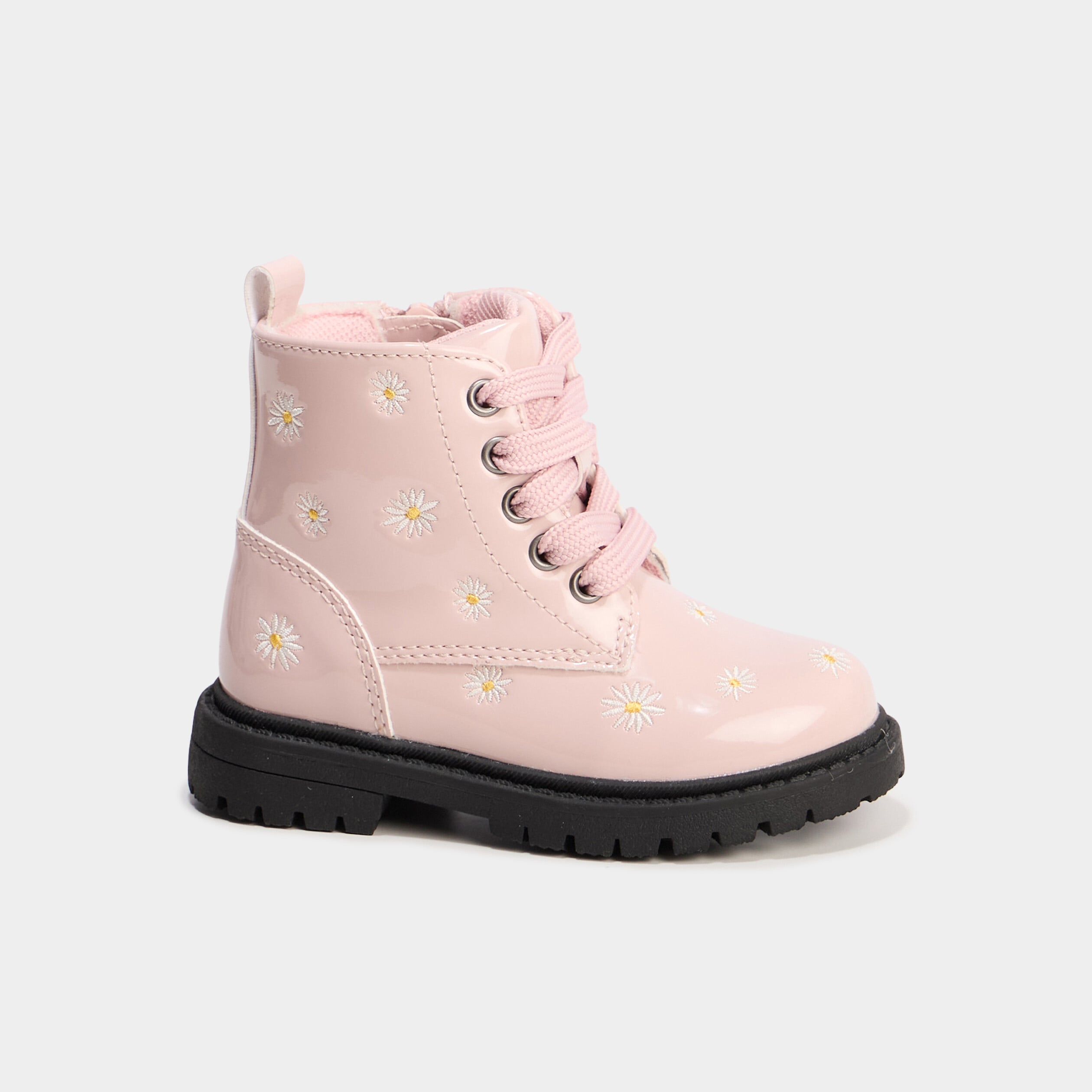 Bottines zipp&eacute;es vernies &agrave; broderie rose b&eacute;b&eacute; fille
