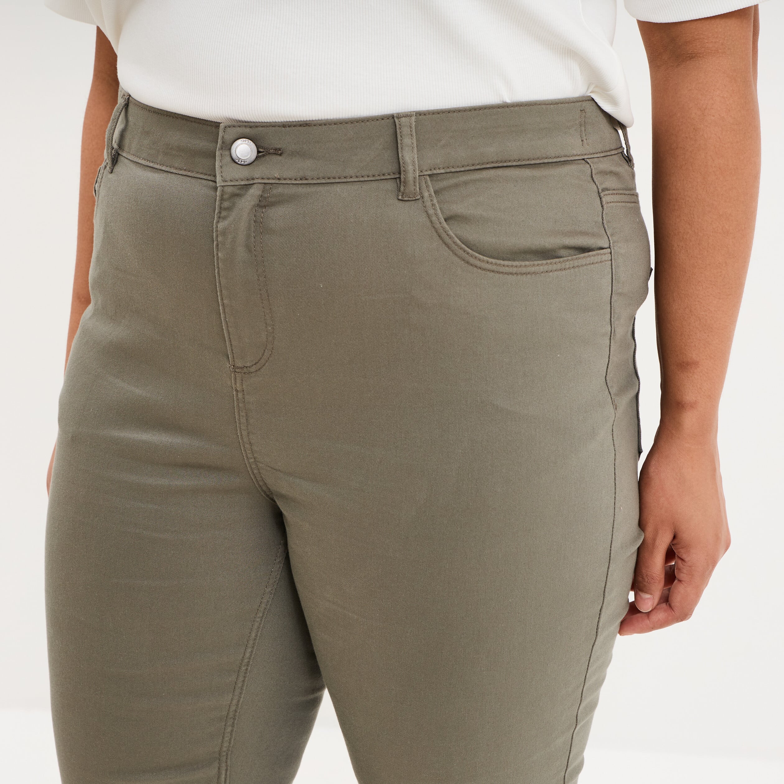 Pantalon droit taille haute extensible vert kaki femme grande taille