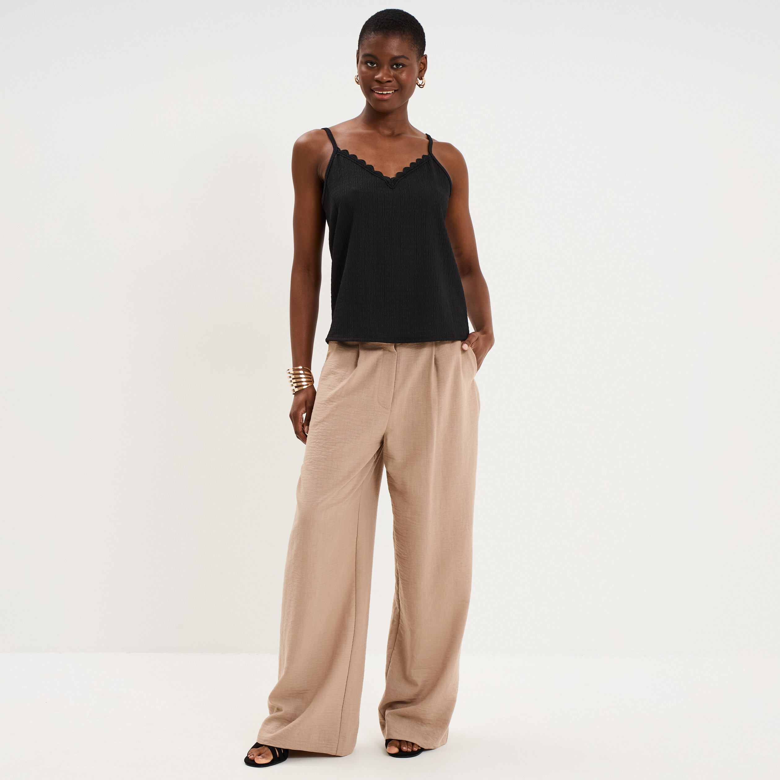 Pantalon large &agrave; pinces taille haute marron femme