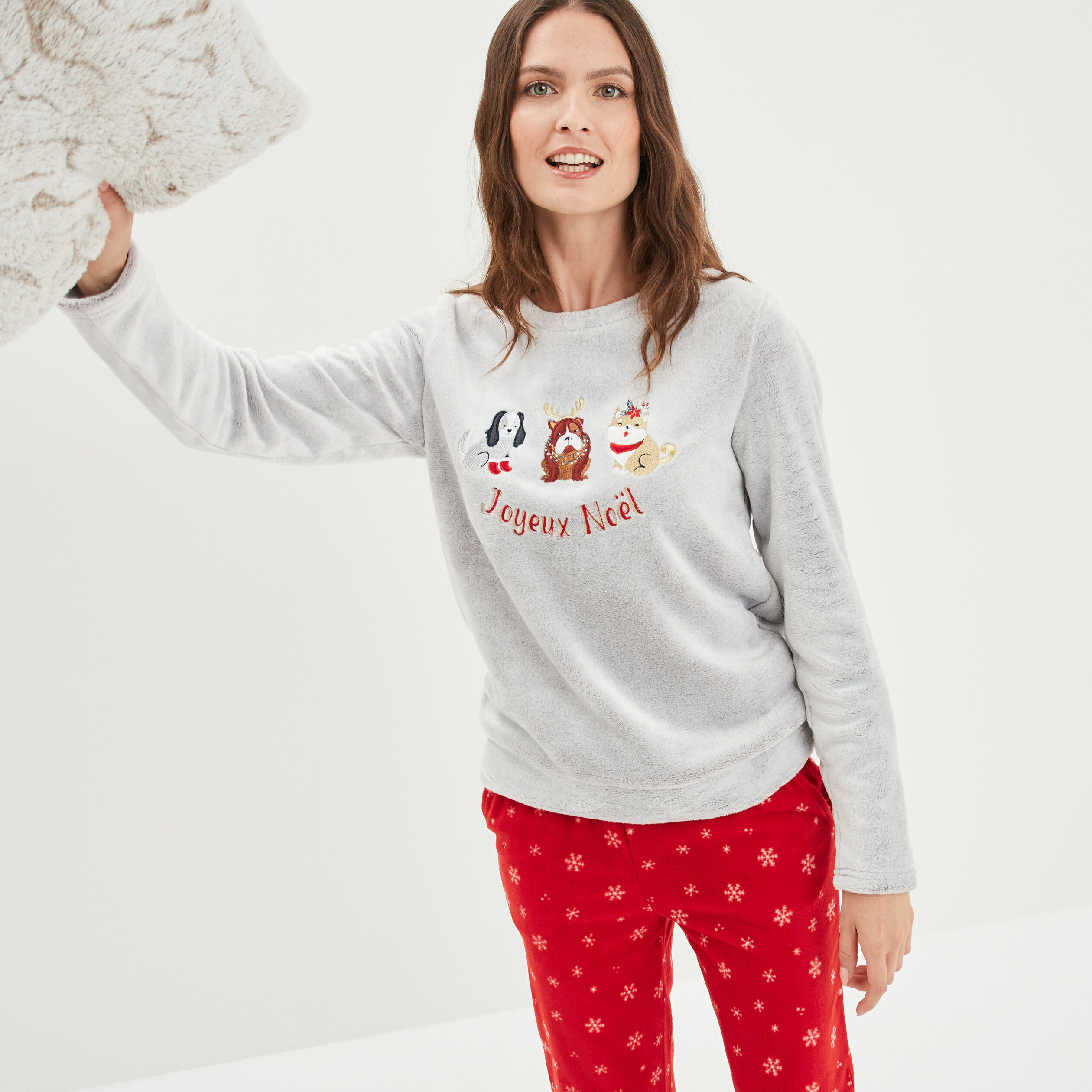 Pyjama pilou pilou gris pour femme avec pantalon et pull • Tous en Pyjama !