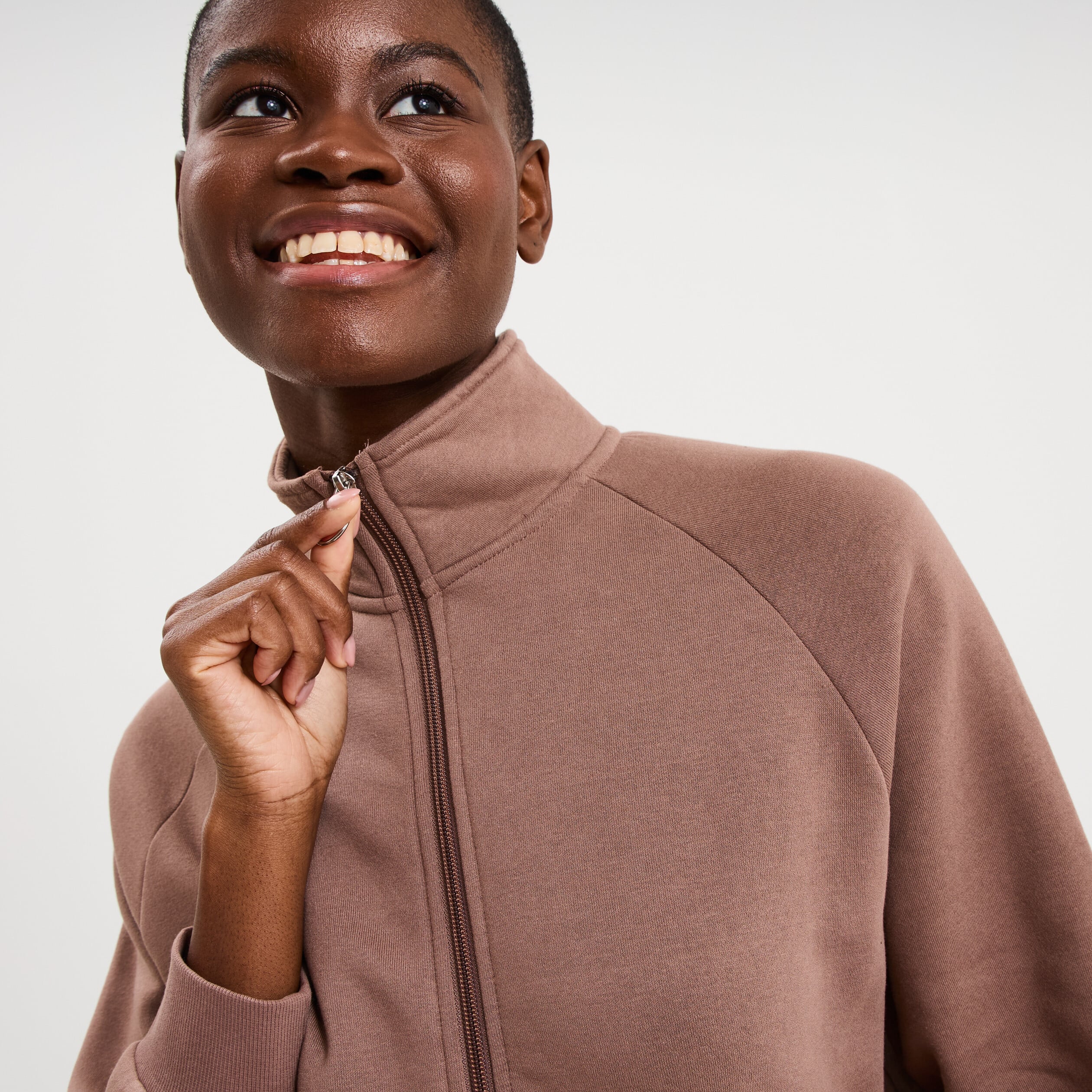 Sweat zipp&eacute; molleton col montant marron cognac femme