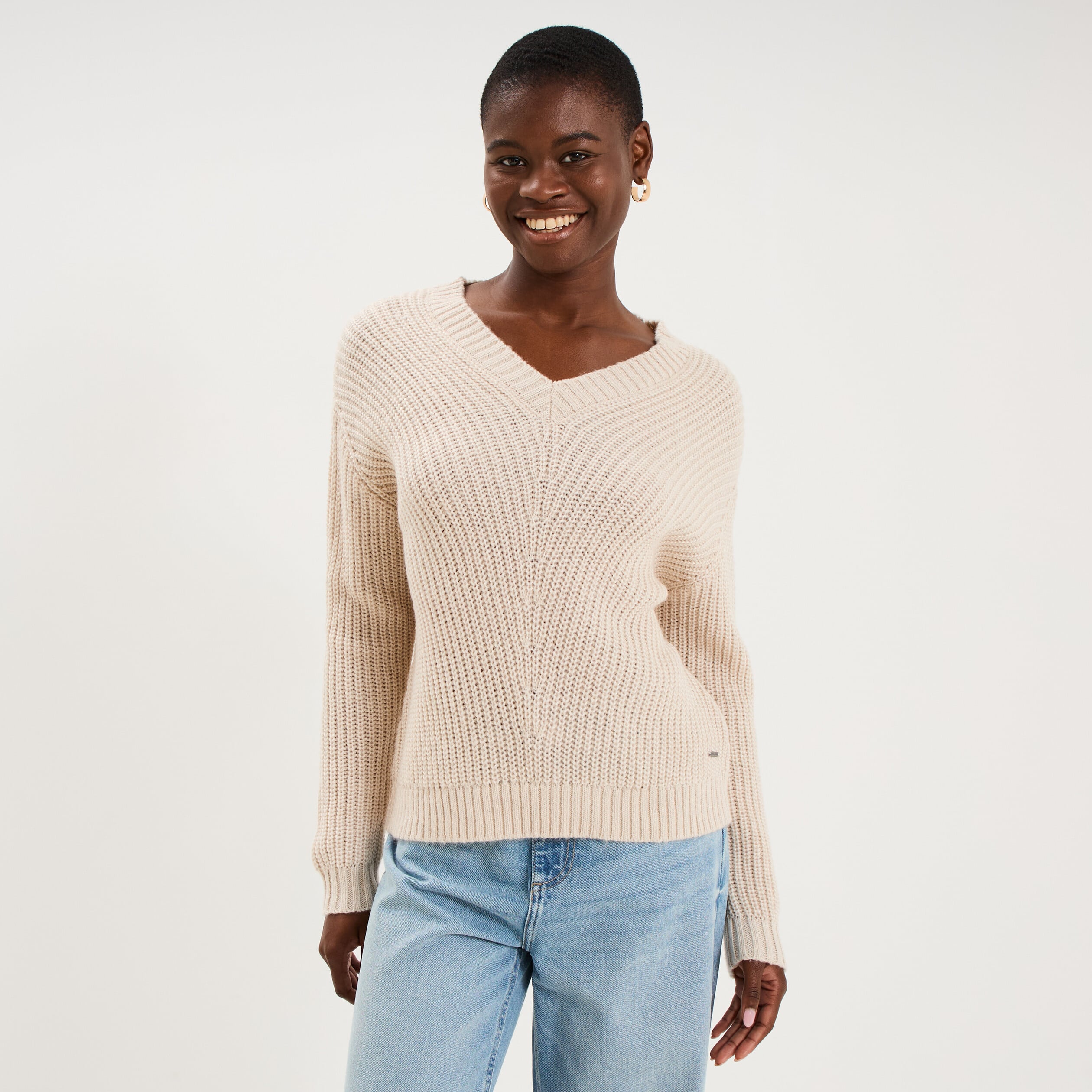 Pull col en V ecru femme