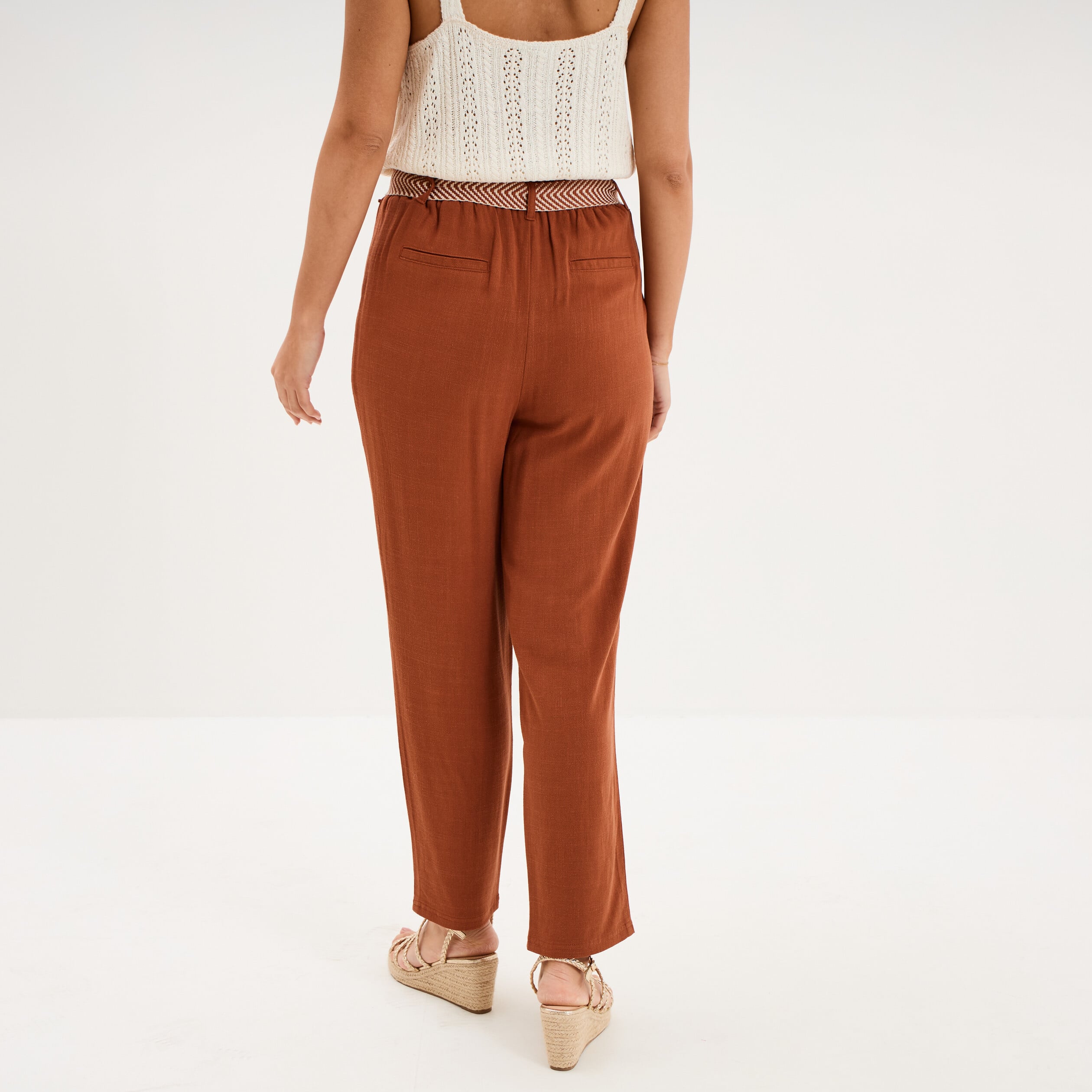 Pantalon paperbag &eacute;lastiqu&eacute; m&eacute;lange lin camel femme