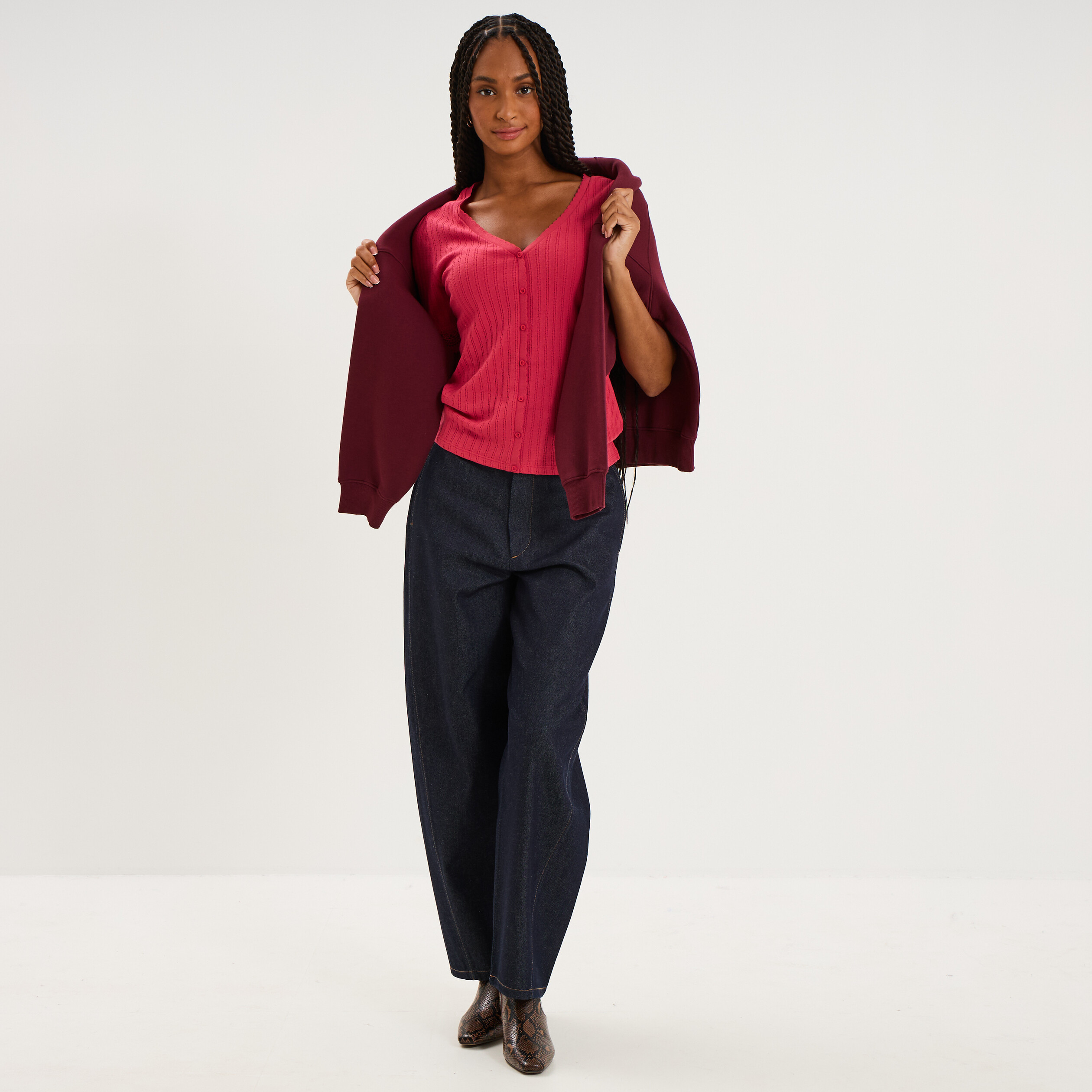 Blouse manches courtes col V dentelle rose cerise femme