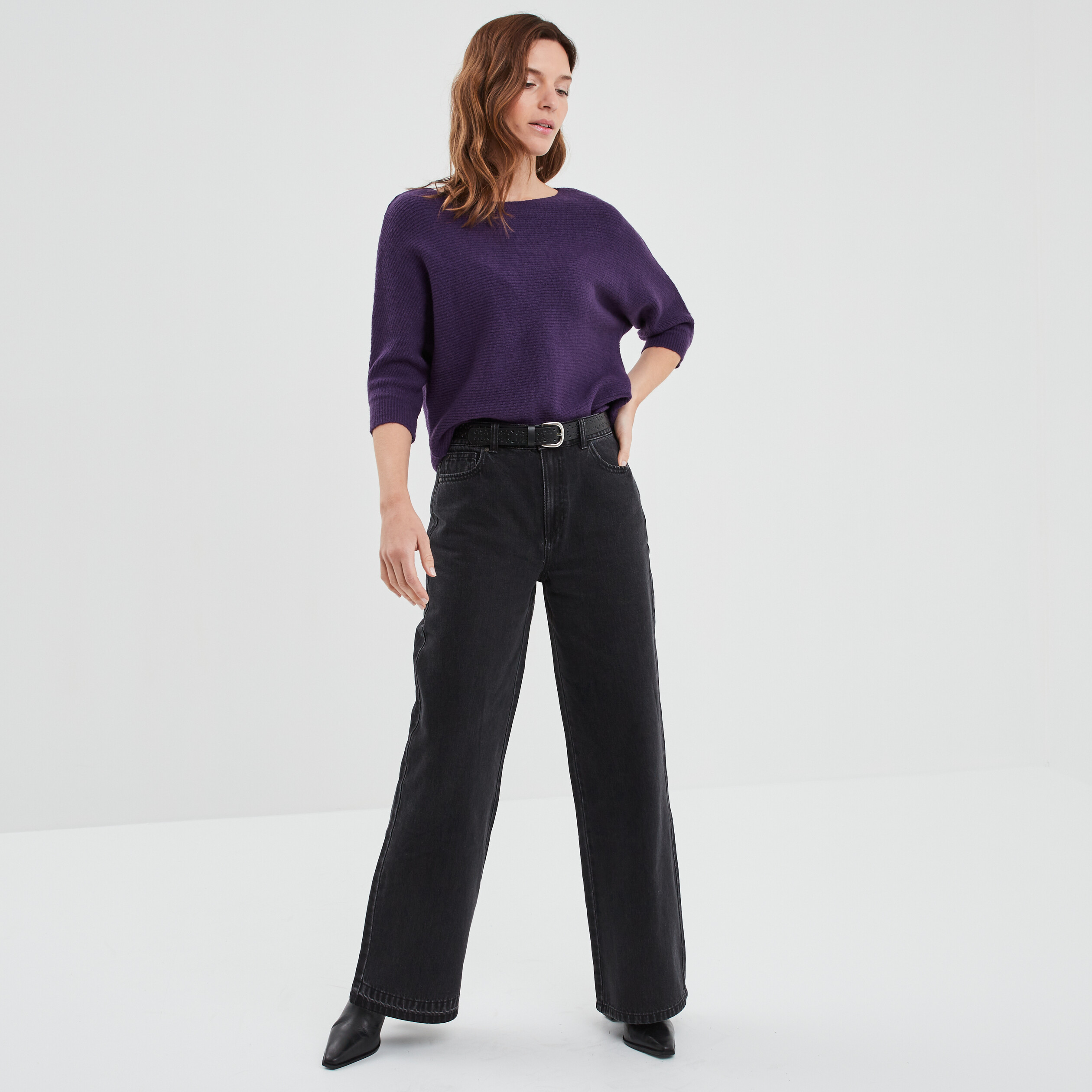 Pull manches 3/4 chauve-souris violet foncé femme
