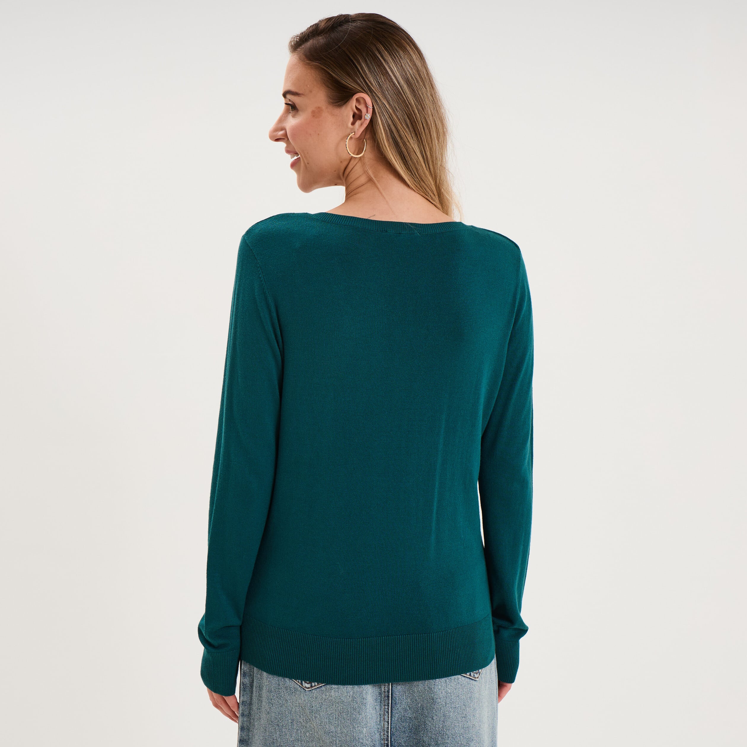 Pull col en V manches longues vert fonc&eacute; femme