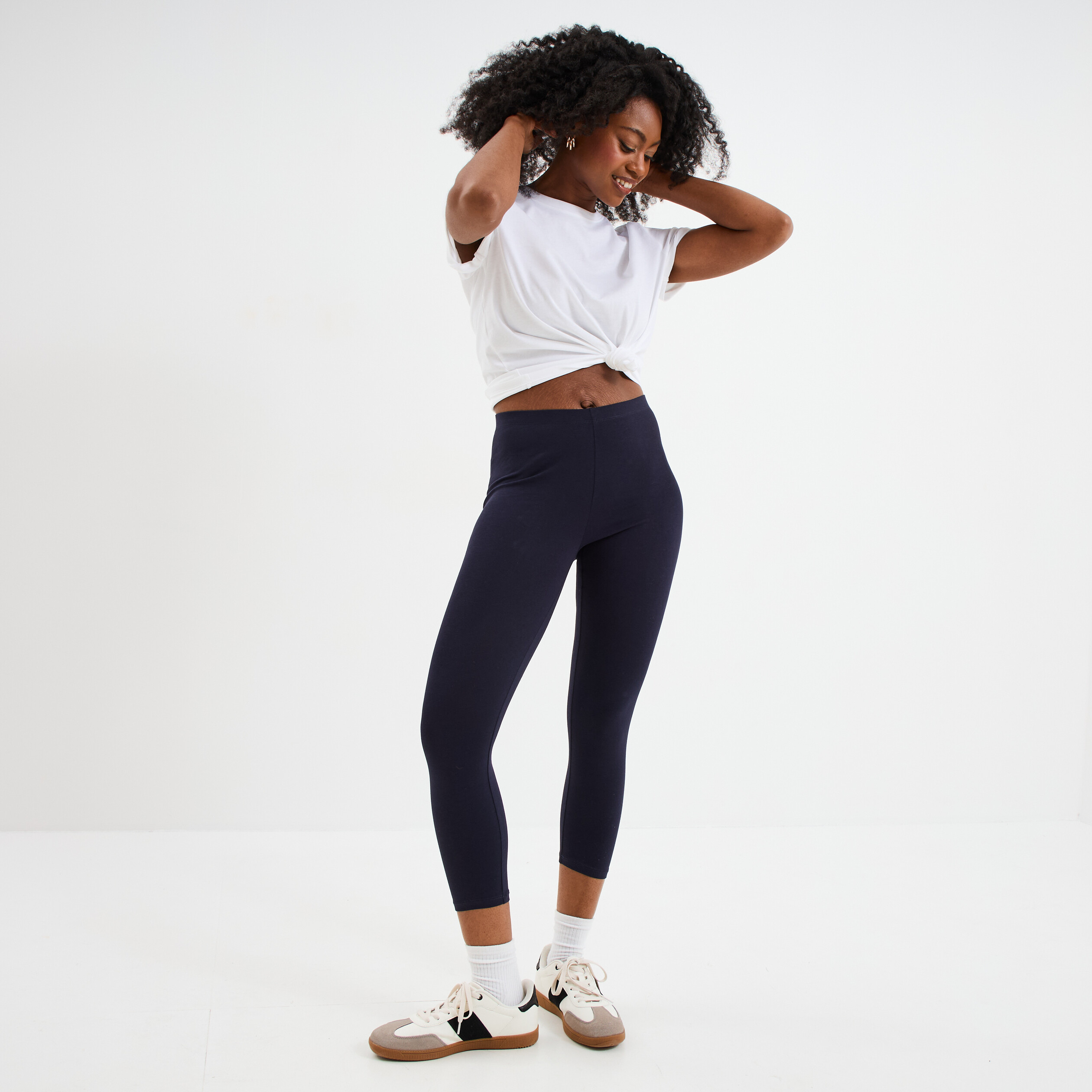 Legging 7/8 &egrave;me taille &eacute;lastiqu&eacute;e bleu marine femme