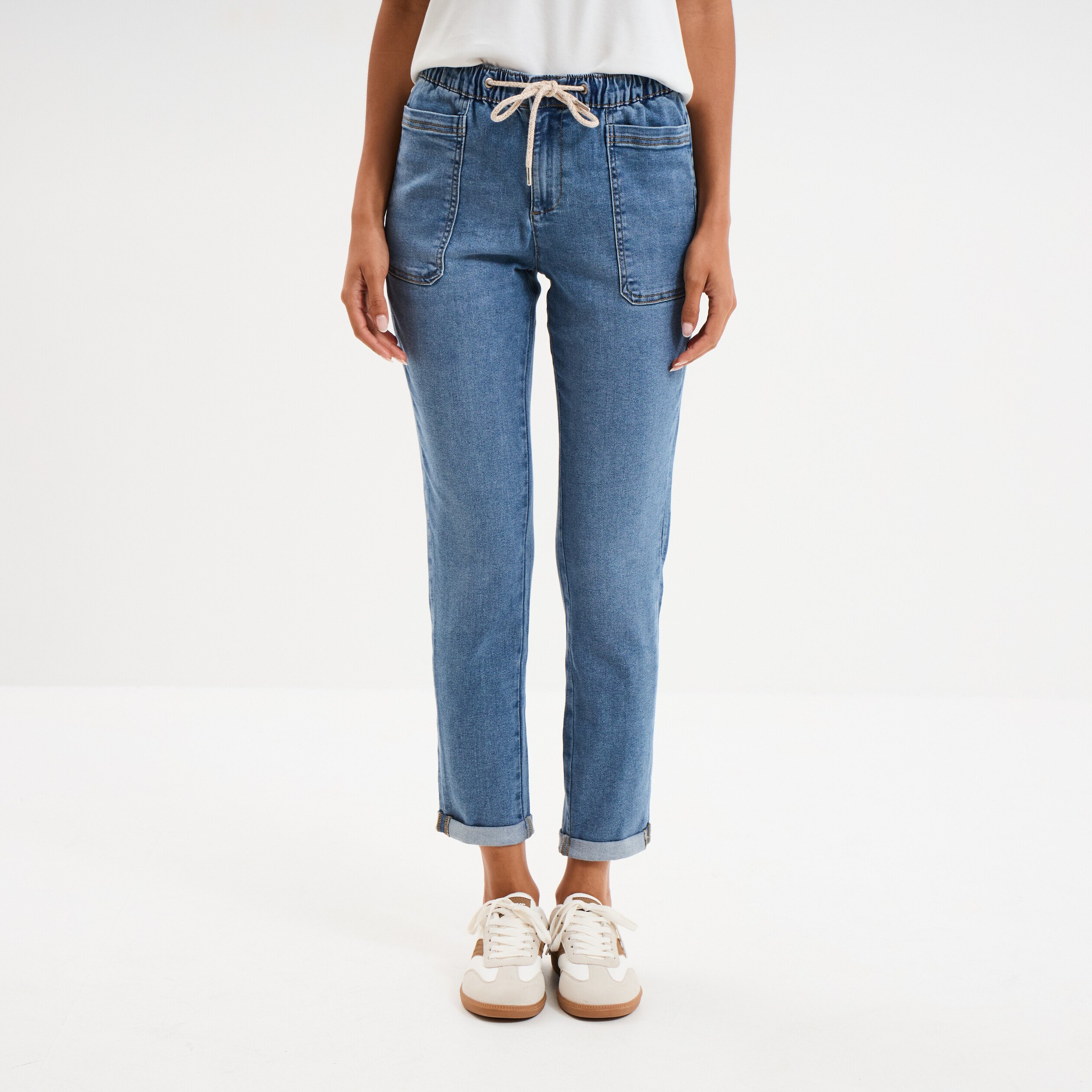 jeans droit taille elastiquee denim stone femme Jeans droit taille élastiquée denim stone femme