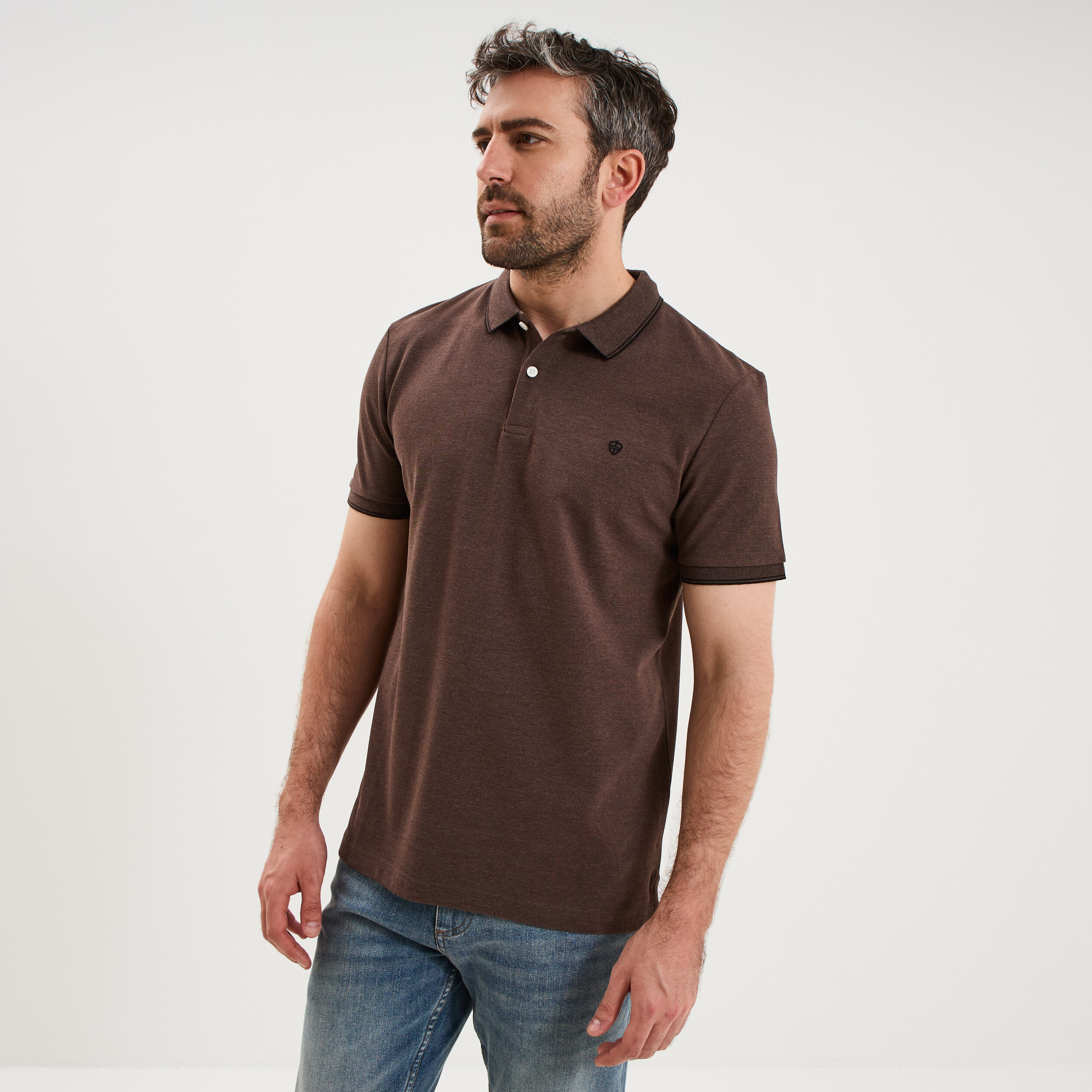 Polo piqu&eacute; coton manches courtes marron chocolat homme