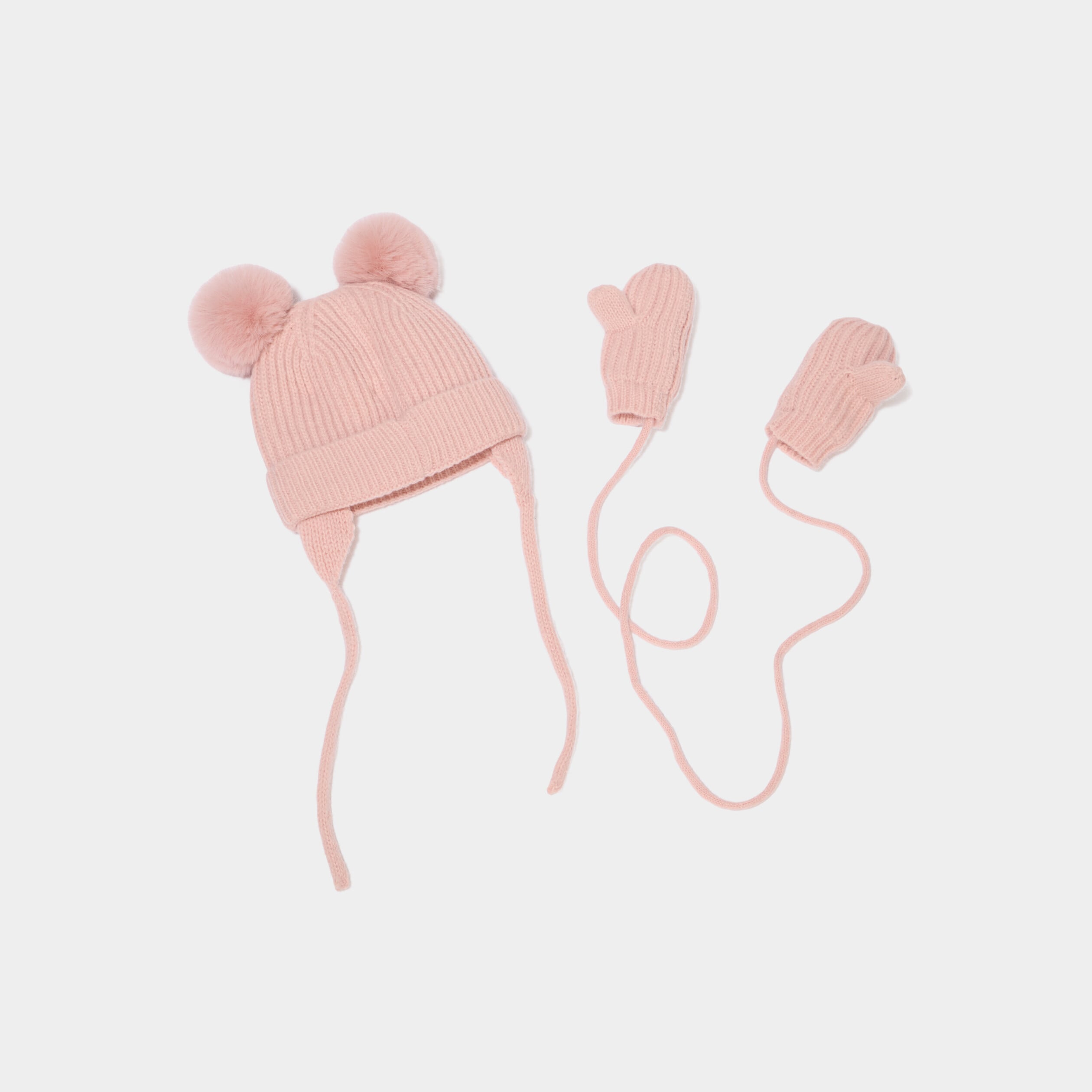 Ensemble bonnet et mouffles avec cordon rose mixte