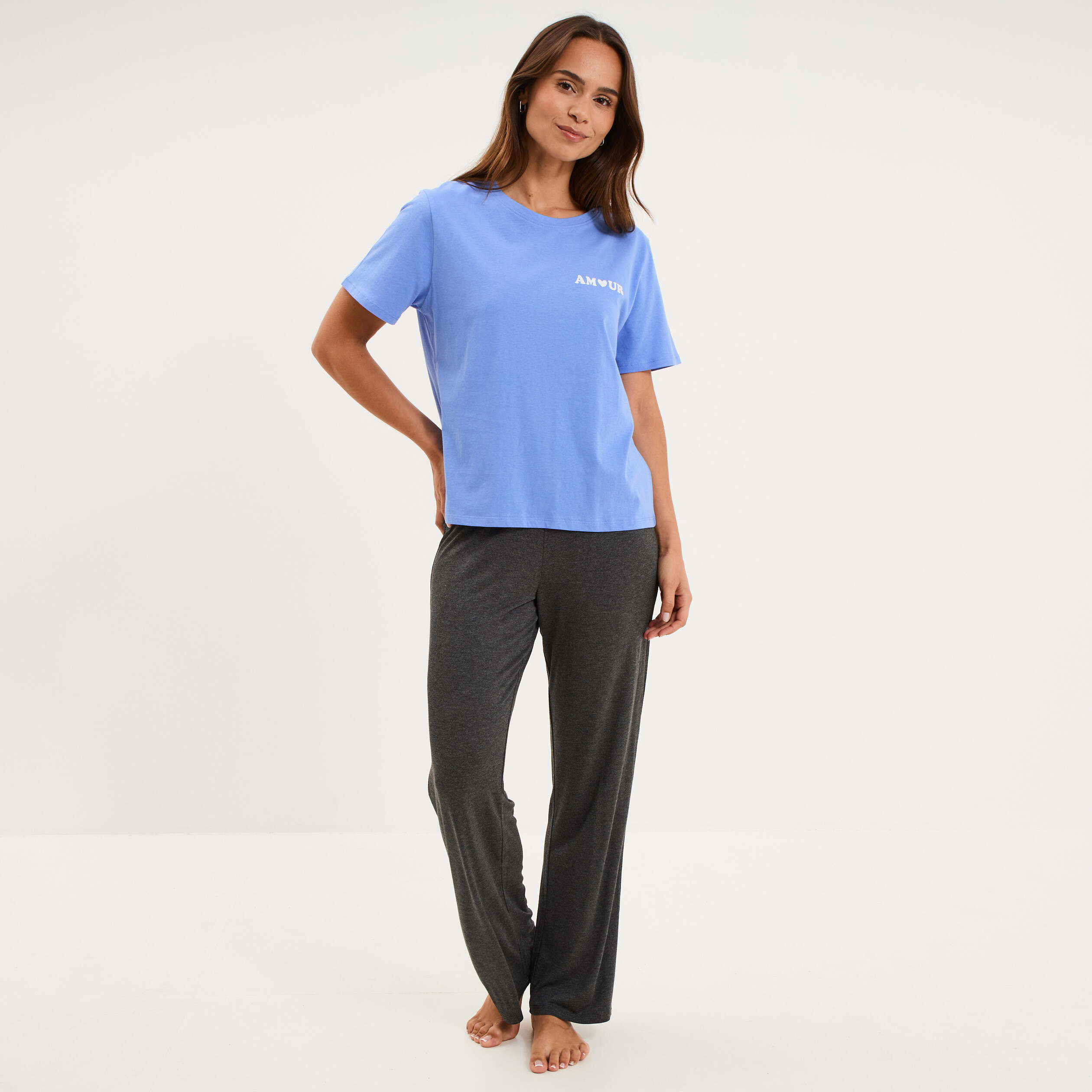 T-shirt col rond manches courtes coton bleu lavande femme