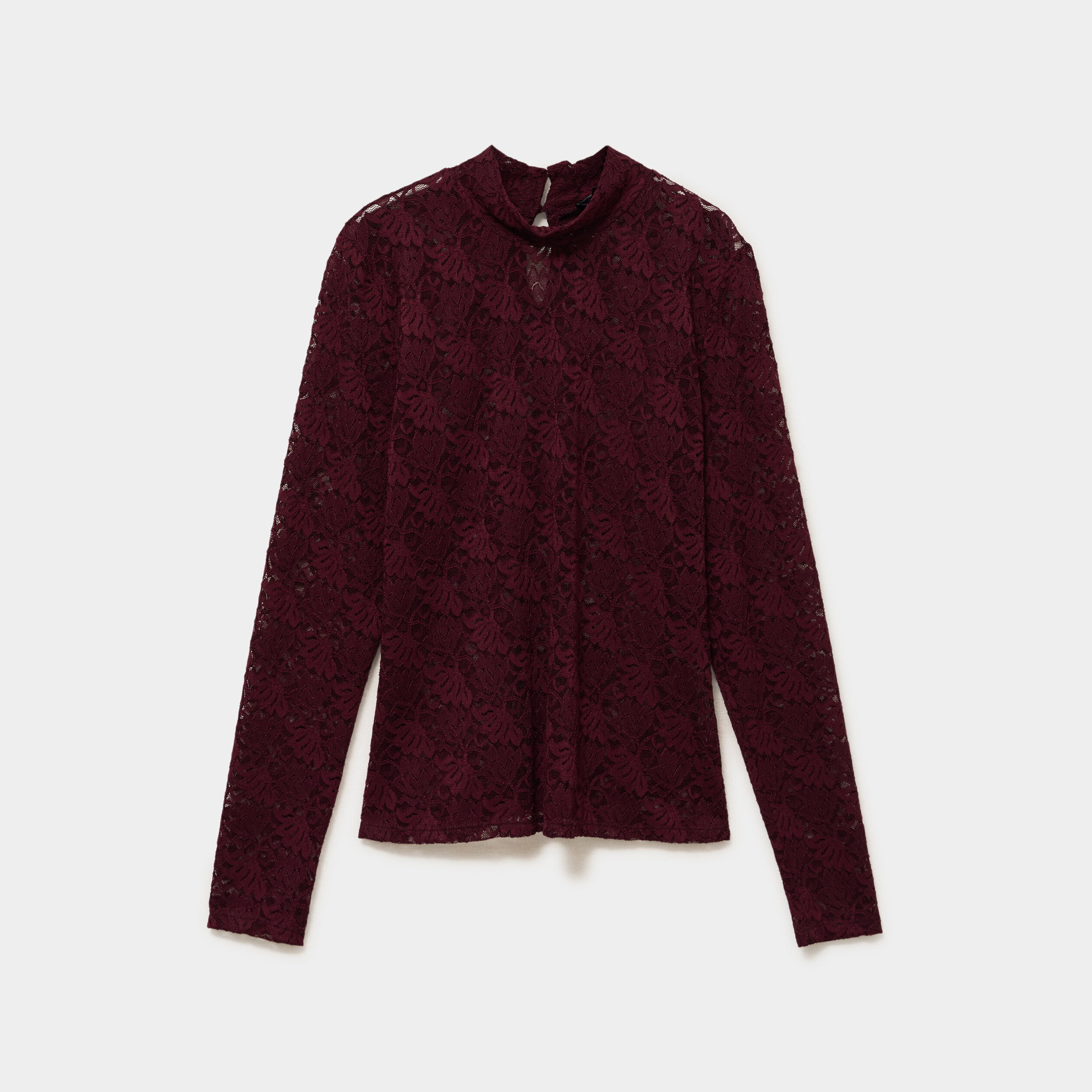 Blouse dentelle col montant violet fonc&eacute; femme