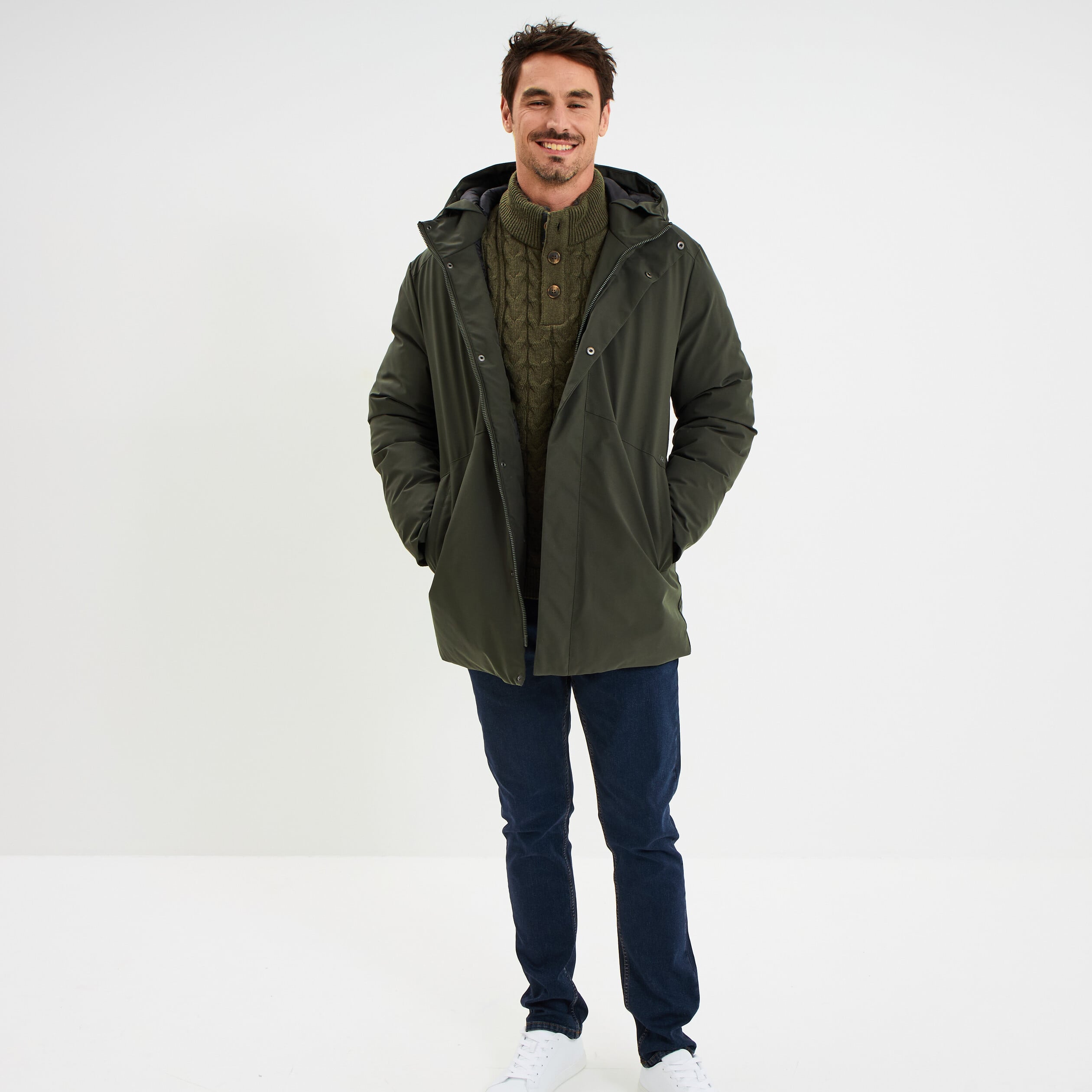Parka mi-longue &agrave; capuche vert kaki homme