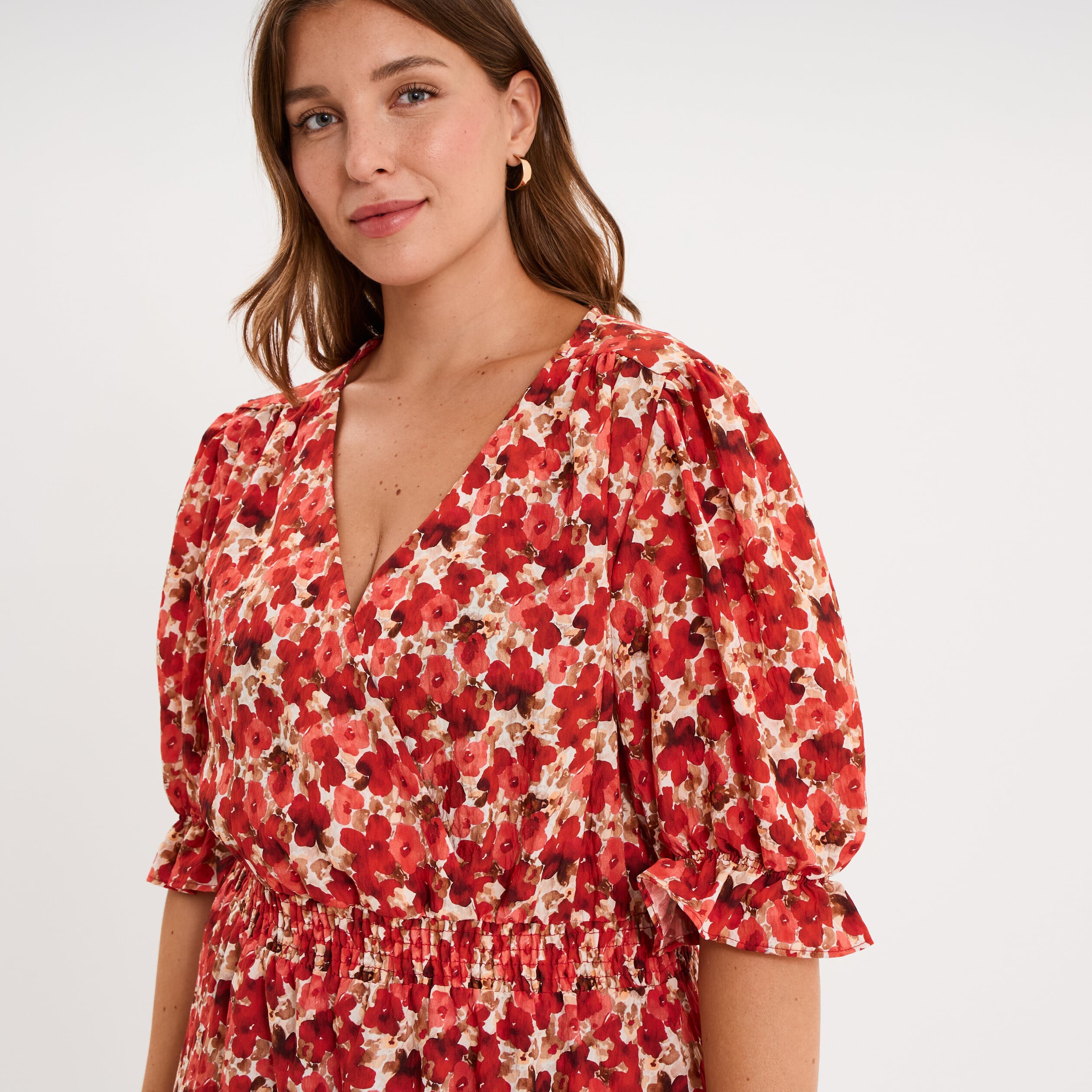 Robe smock&eacute;e manches ballons rouge coquelicot femme grande taille