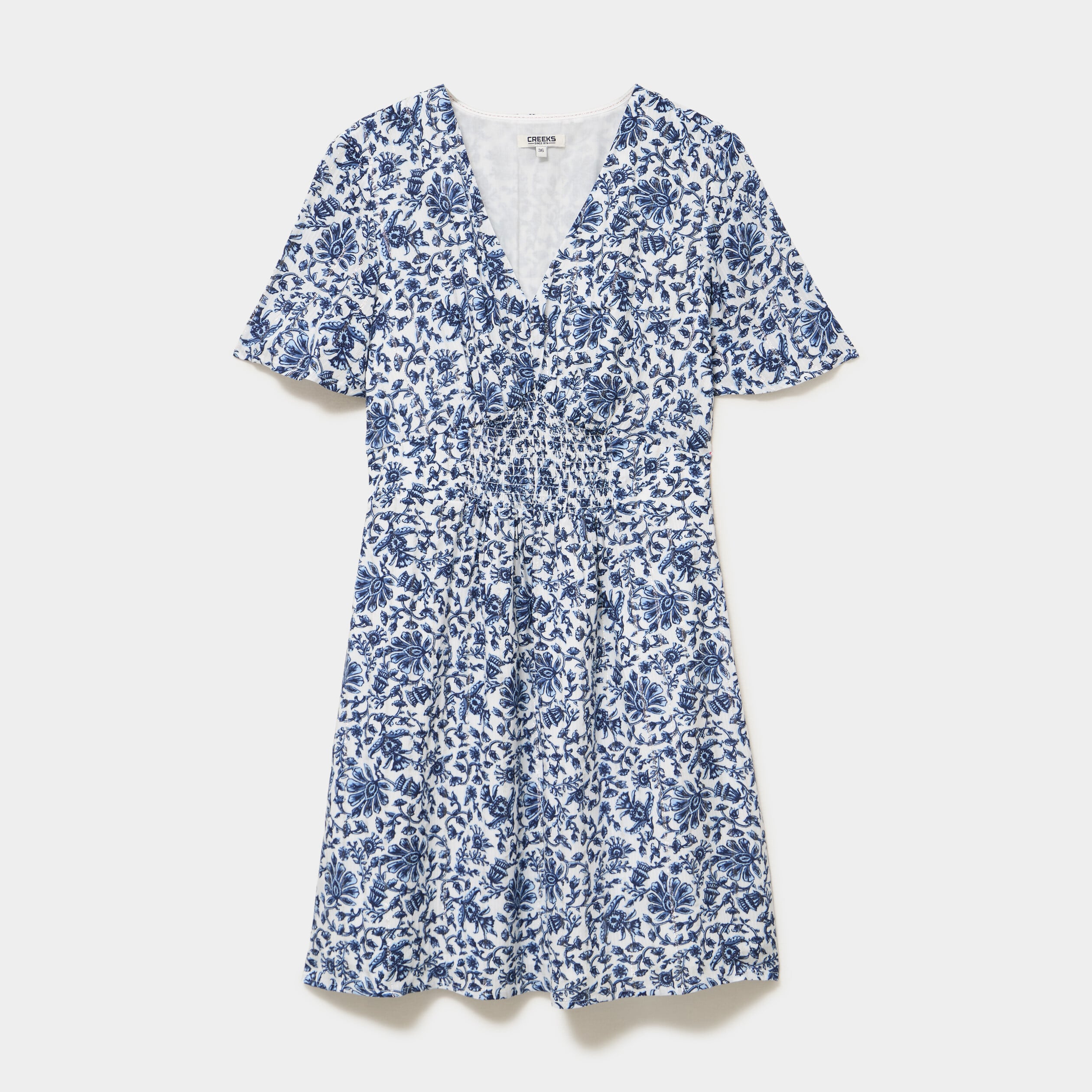 Robe courte col en V taille smock&eacute;e blanc femme