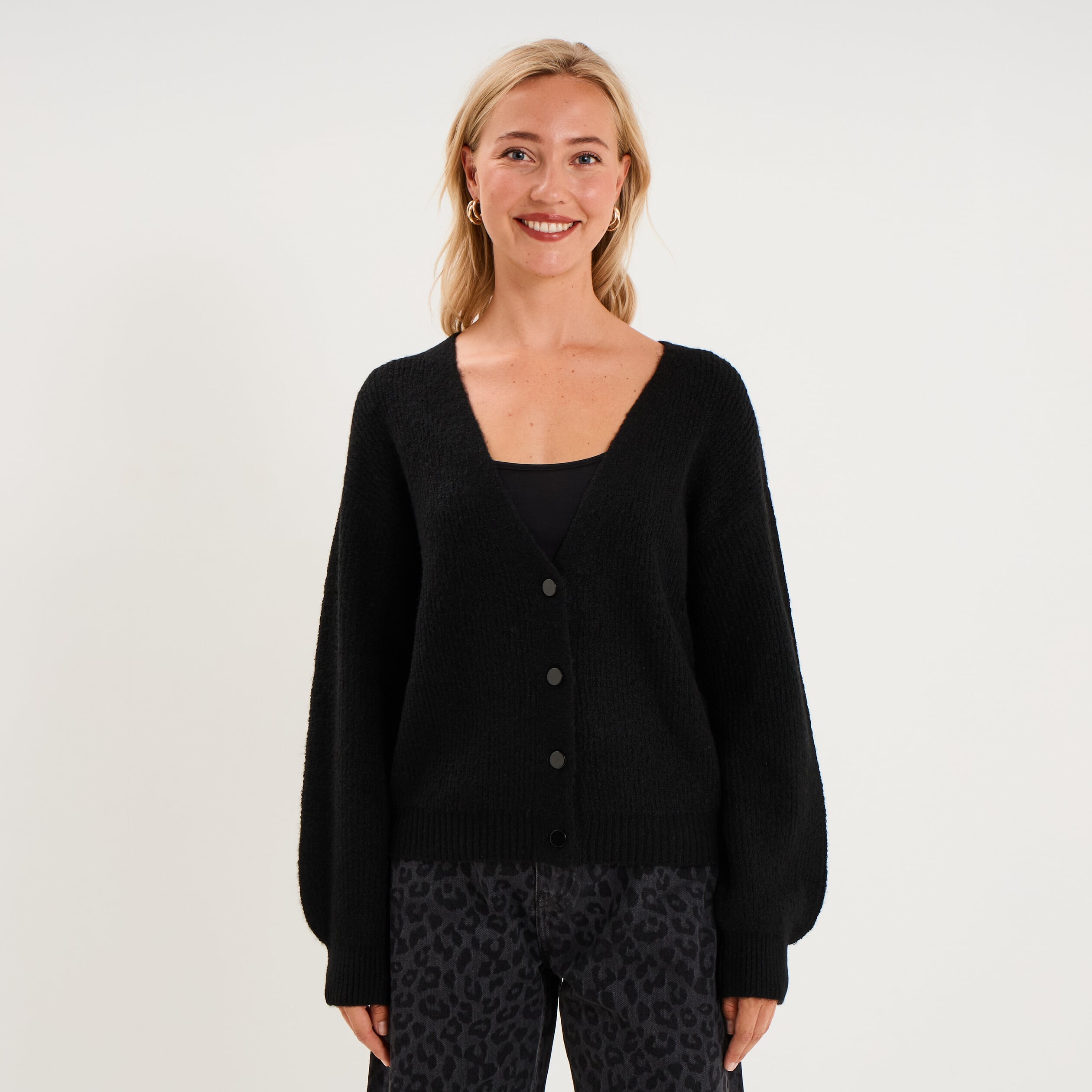 Gilet col en V manches longues ballon noir femme