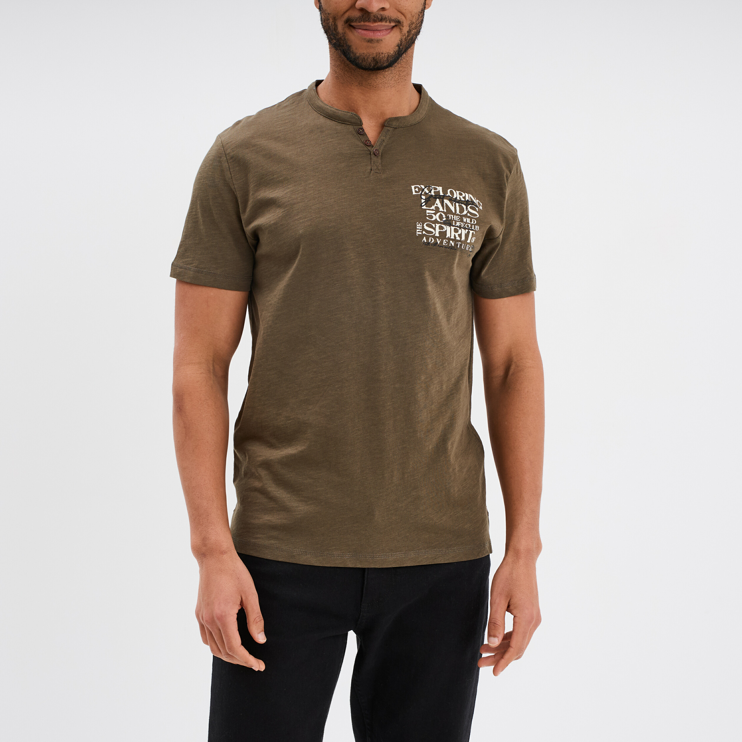 t shirt col tunisien manches courtes vert kaki homme T-shirt col tunisien manches courtes vert kaki homme