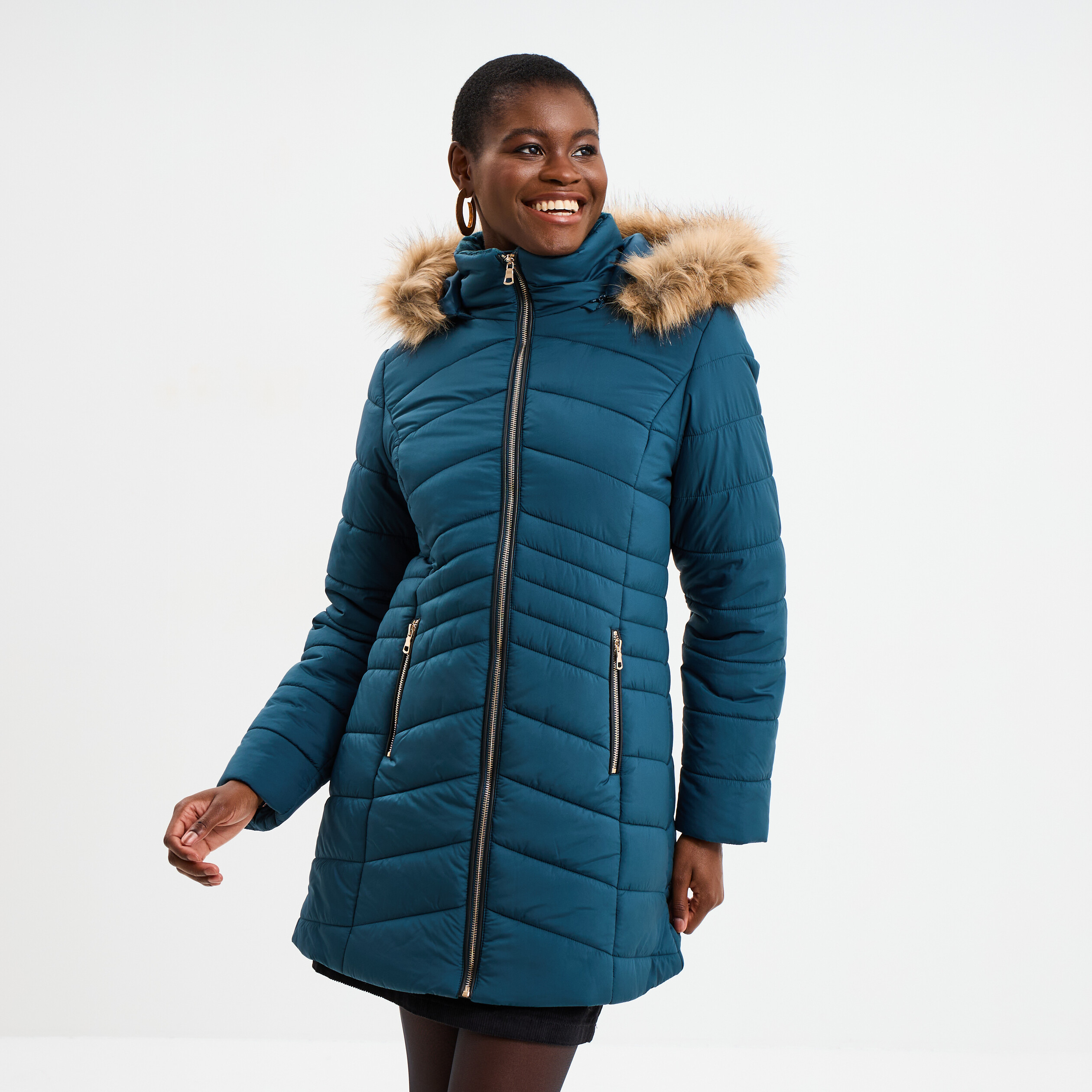 Doudoune mi-longue &agrave; capuche bleu canard femme