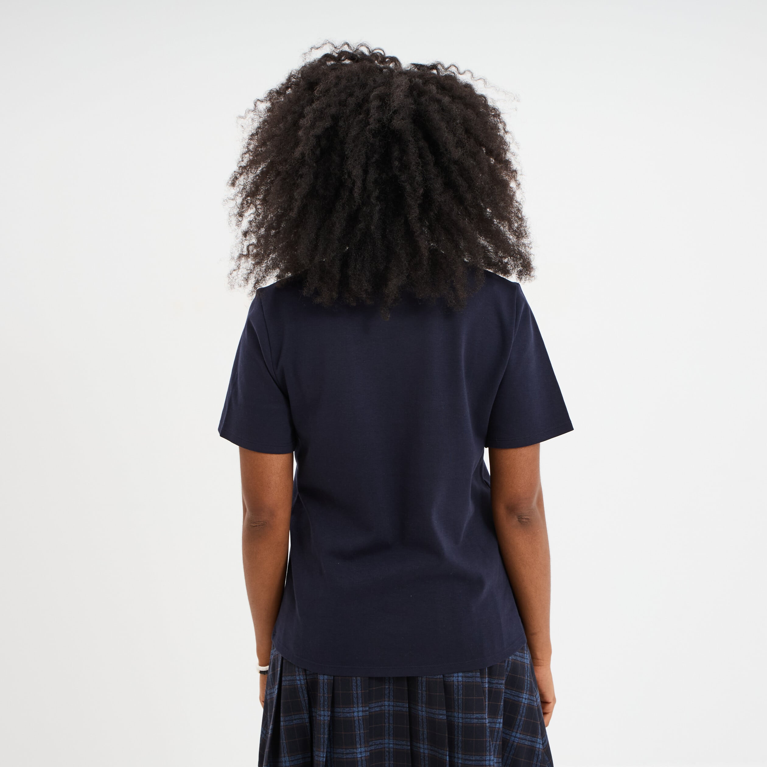 T-shirt col rond manches courtes coton bleu fonc&eacute; femme