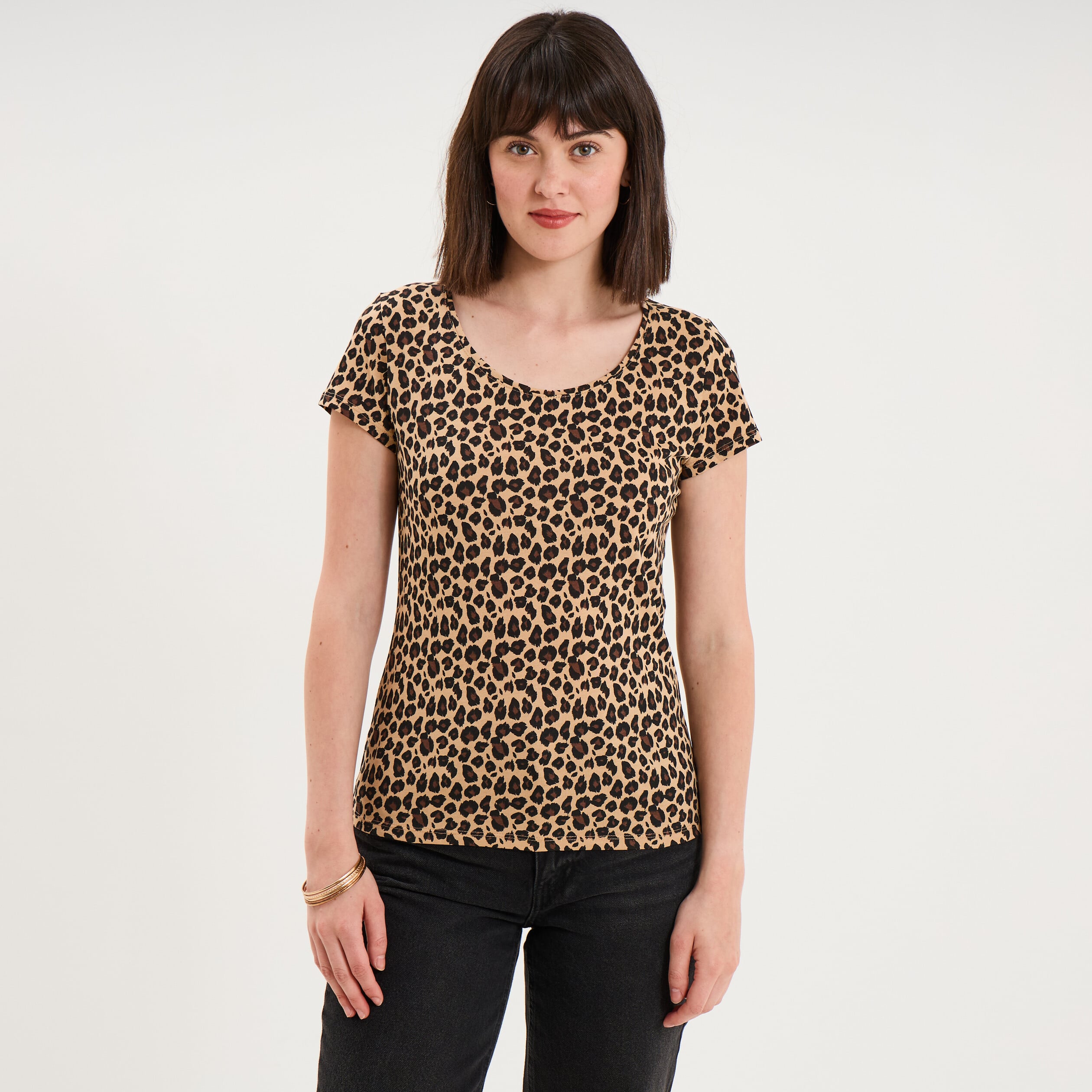 T-shirt coton imprim&eacute; coupe ajust&eacute;e beige femme