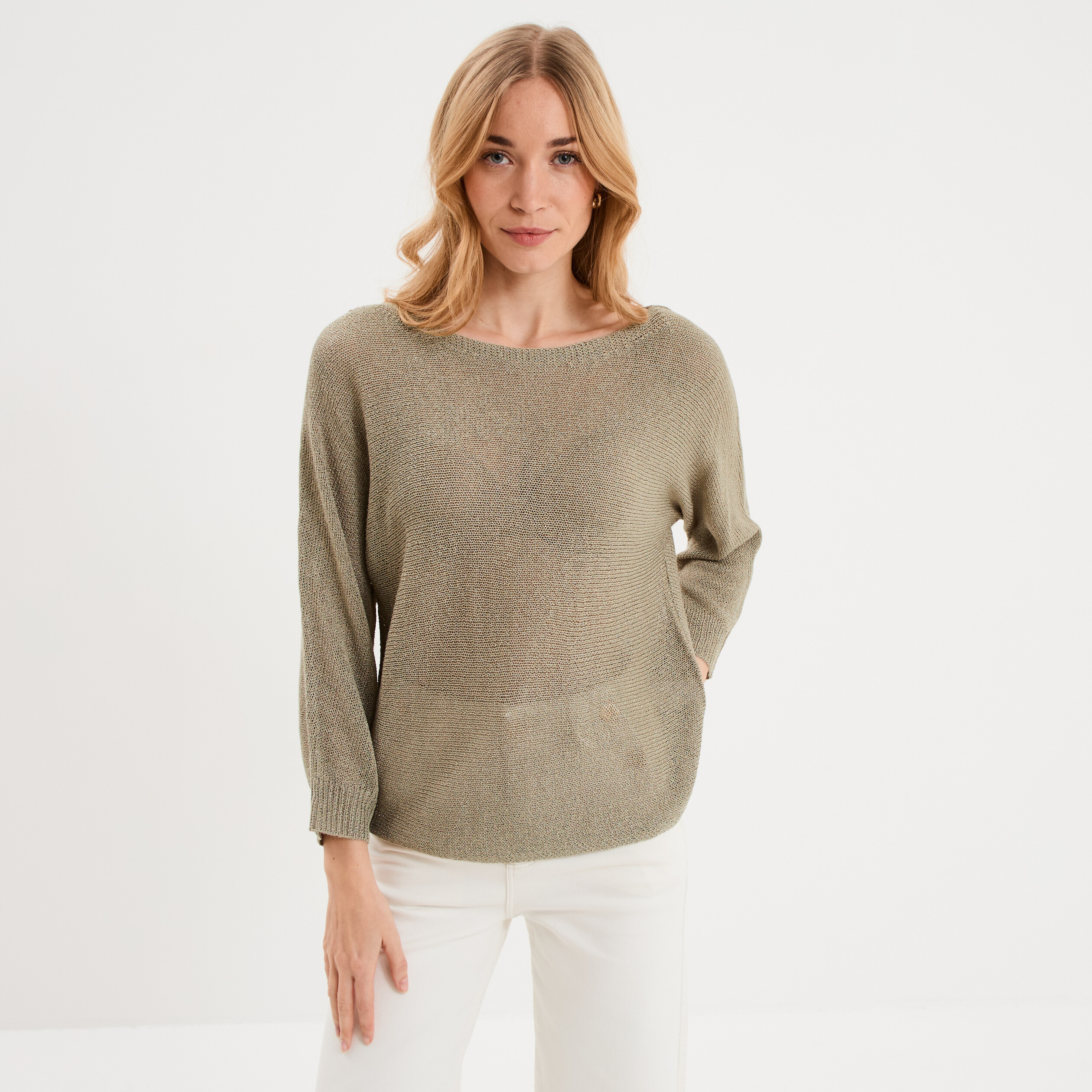 Pull droit col rond manches longues vert kaki femme