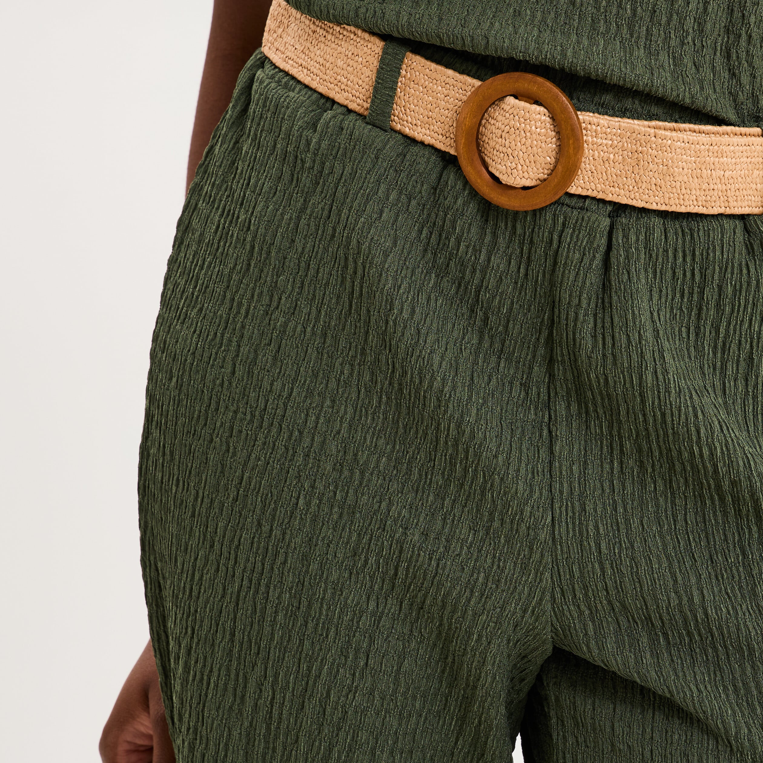 Pantalon fluide large avec ceinture vert kaki femme