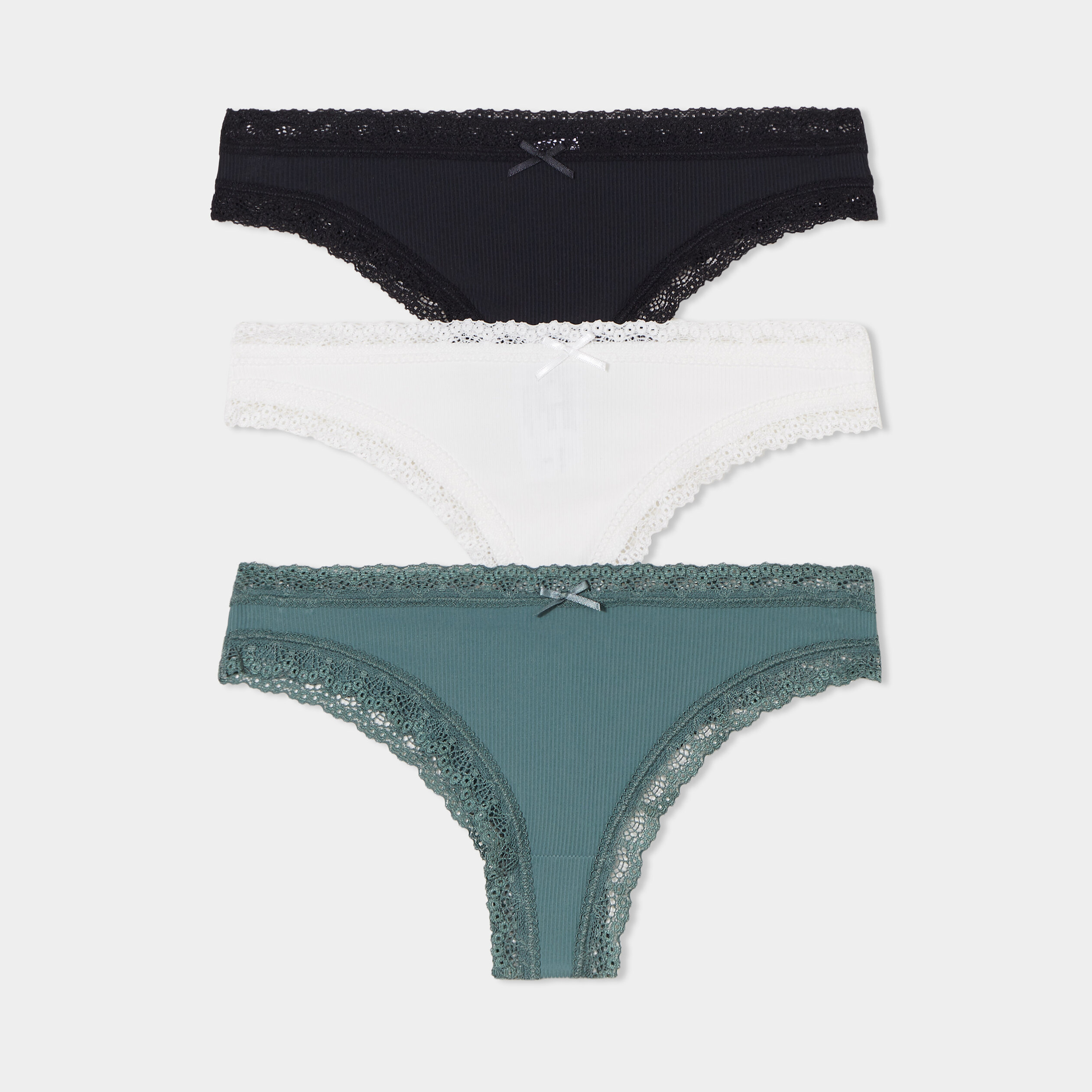 lot 3 tangas coteles a dentelle vert femme Lot 3 tangas côtelés à dentelle vert femme