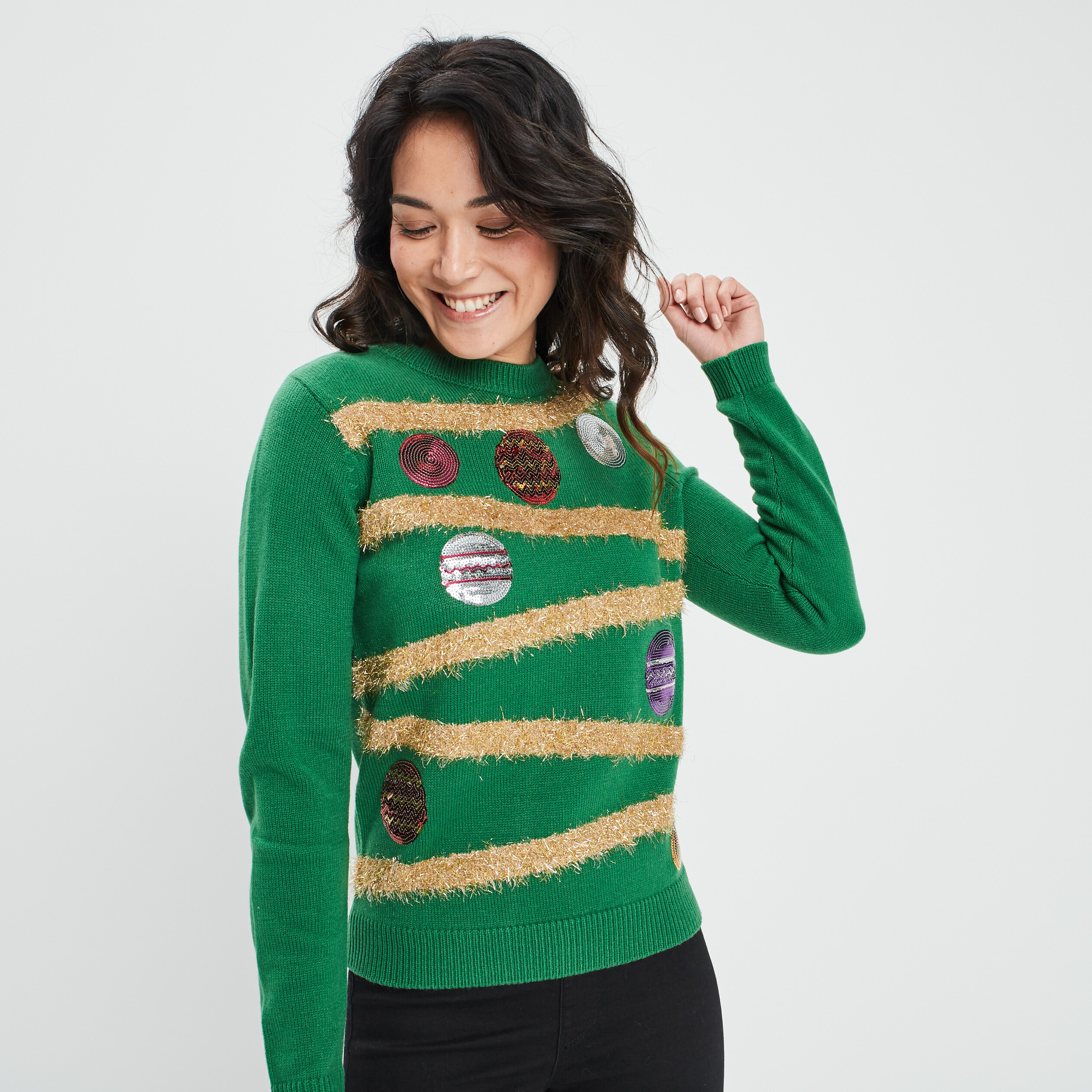 Pull de Noël avec sequins vert femme