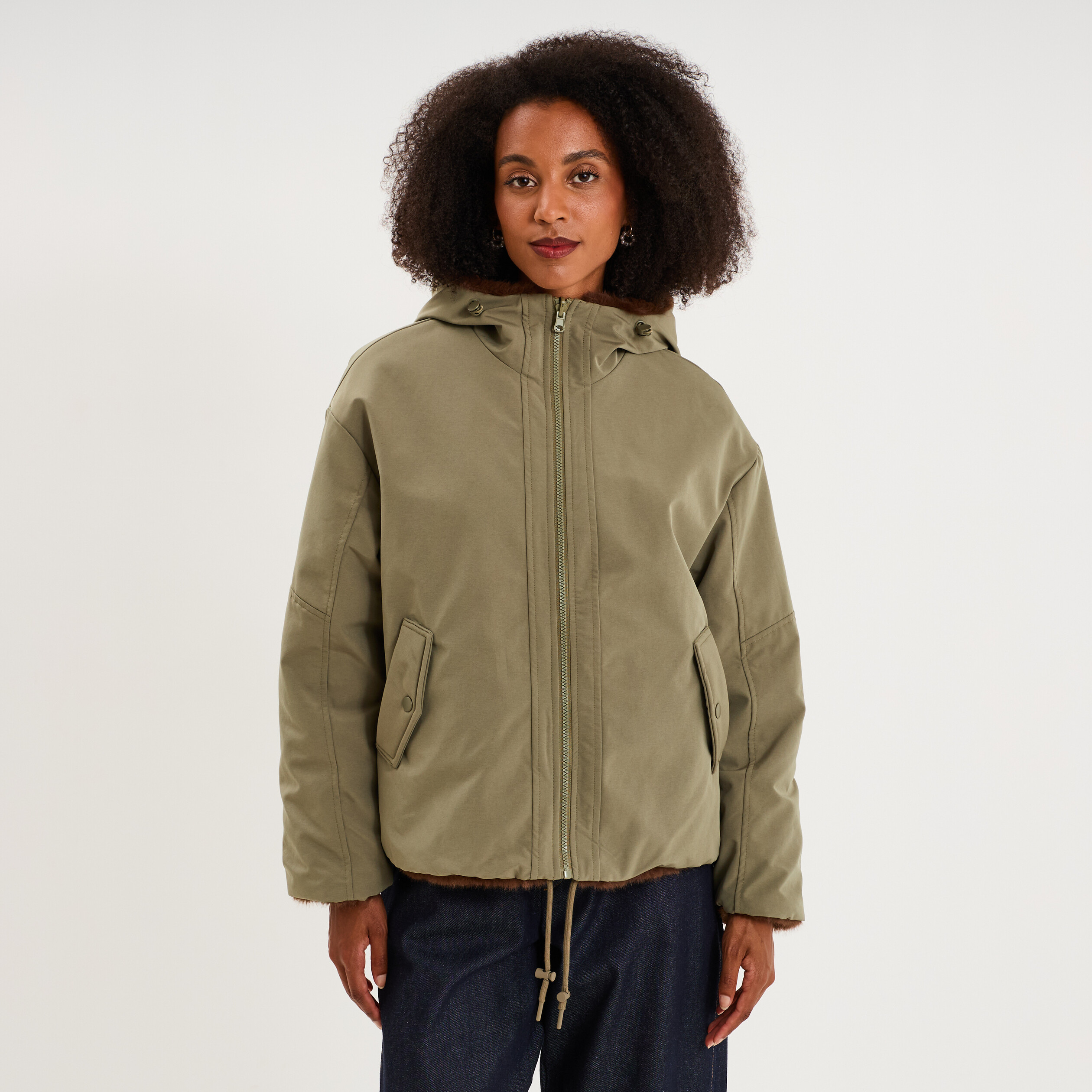 Parka r&eacute;versible capuche fausse fourrure vert kaki femme