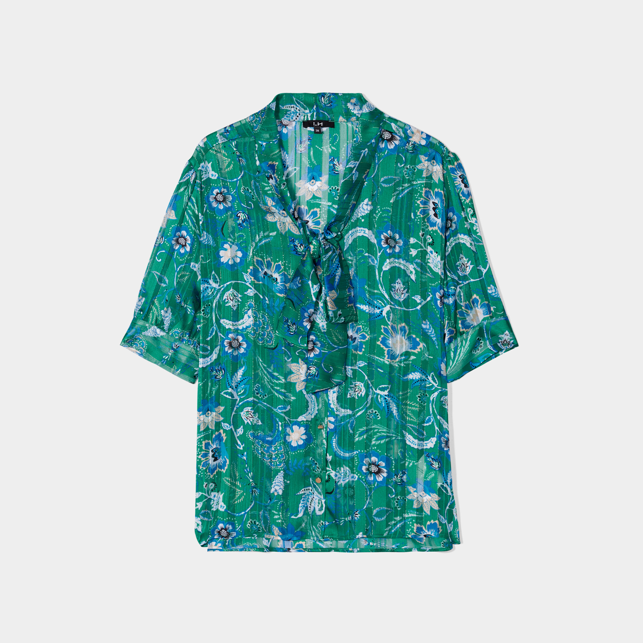 Blouse col lavalière manches courtes vert femme
