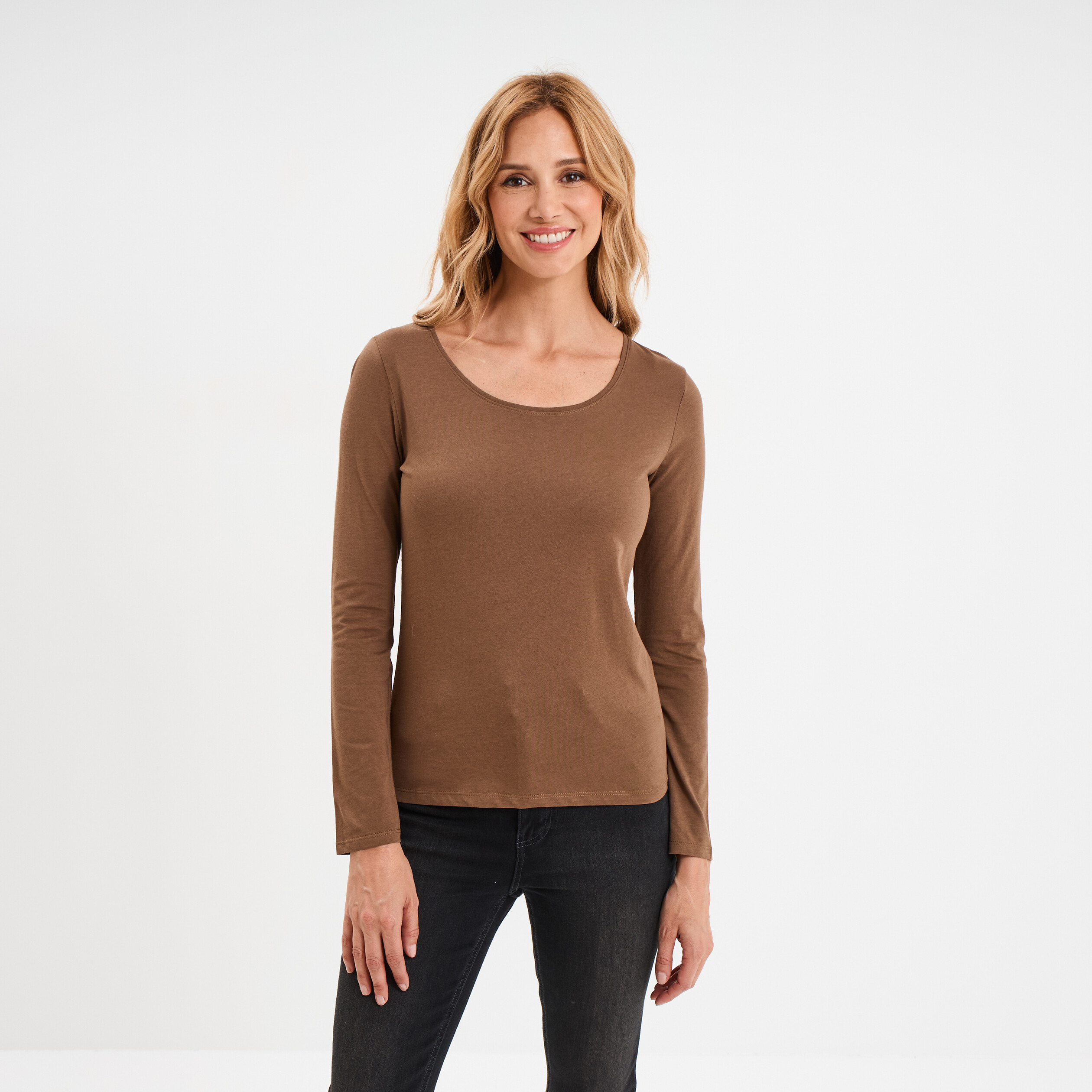 t shirt coton col rond manches longues taupe femme T-shirt coton col rond manches longues taupe femme