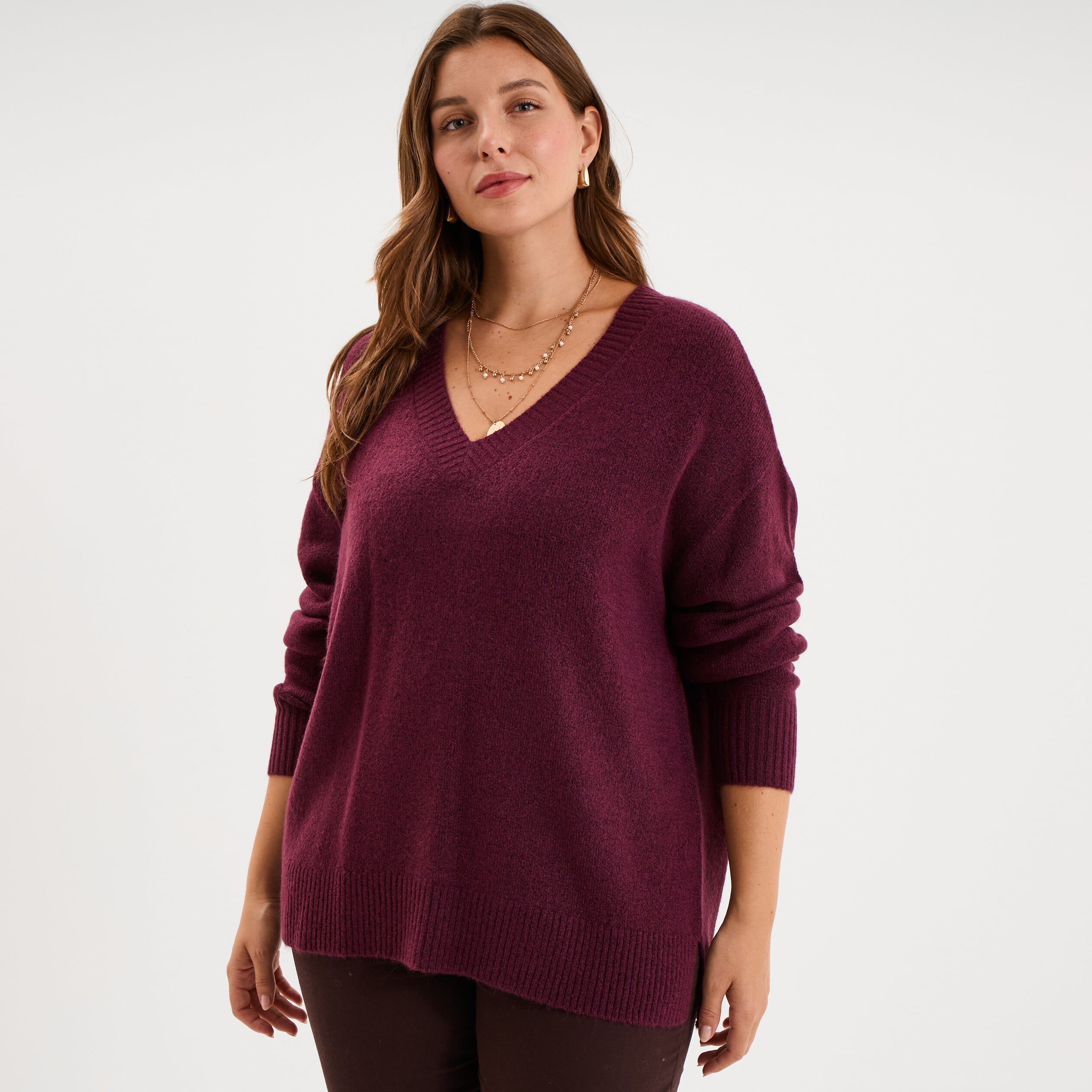 Pull droit col en V manches longues prune femme grande taille