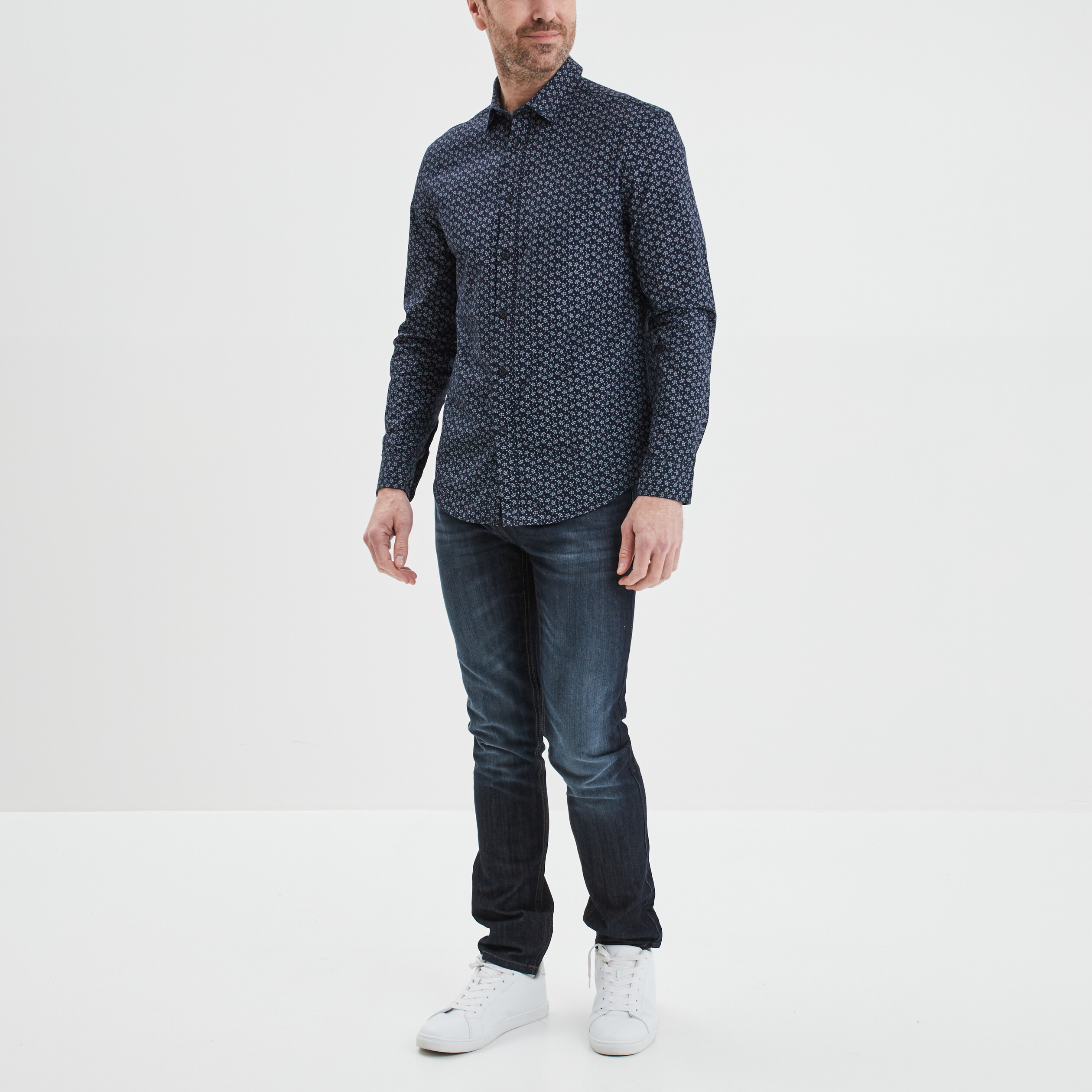 Chemise droite imprim&eacute;e manches longues bleu marine homme